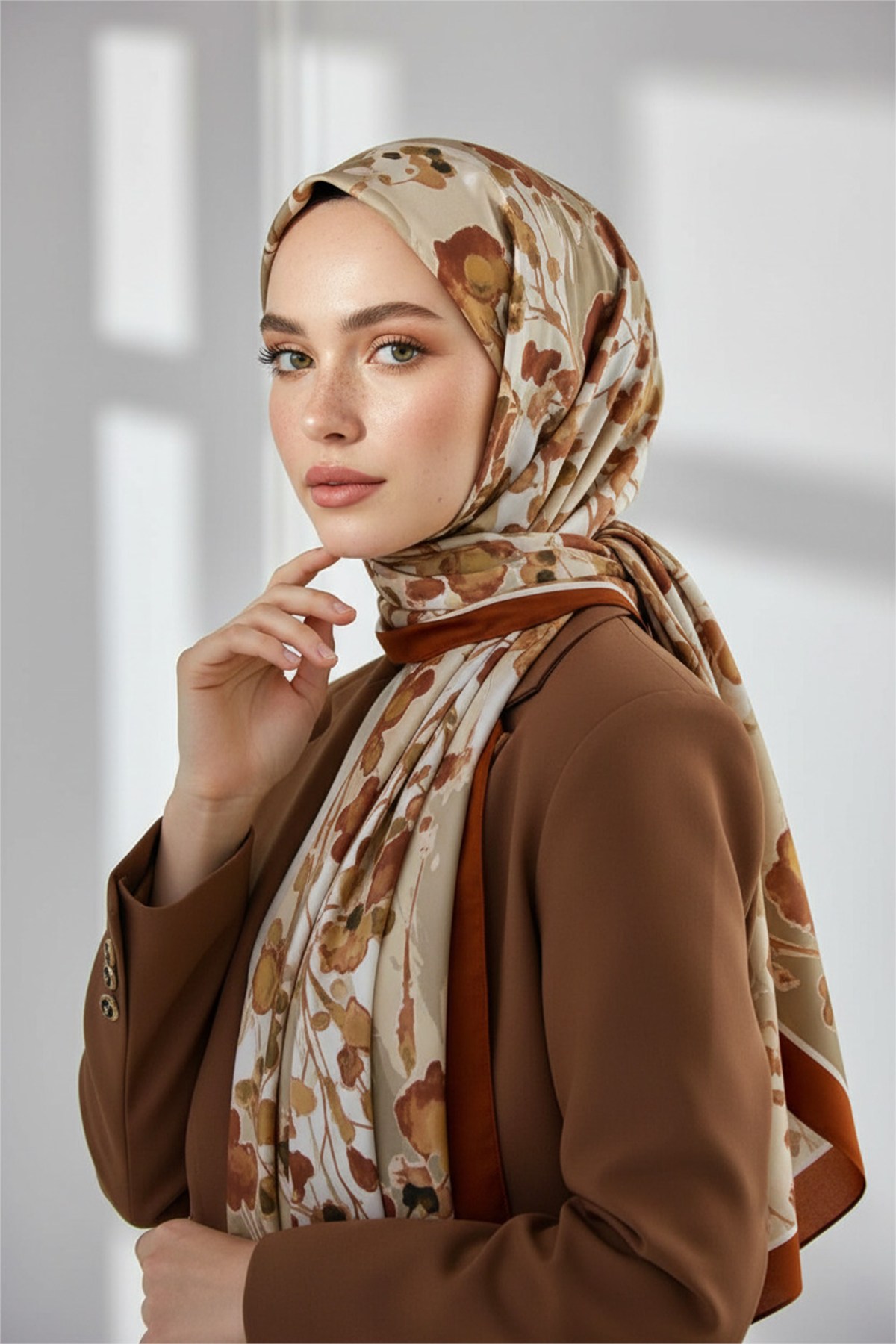 KREP BAHAR DALI DESENLİ TABA RENKLİ 75X195 KIRIŞMAZ ŞAL