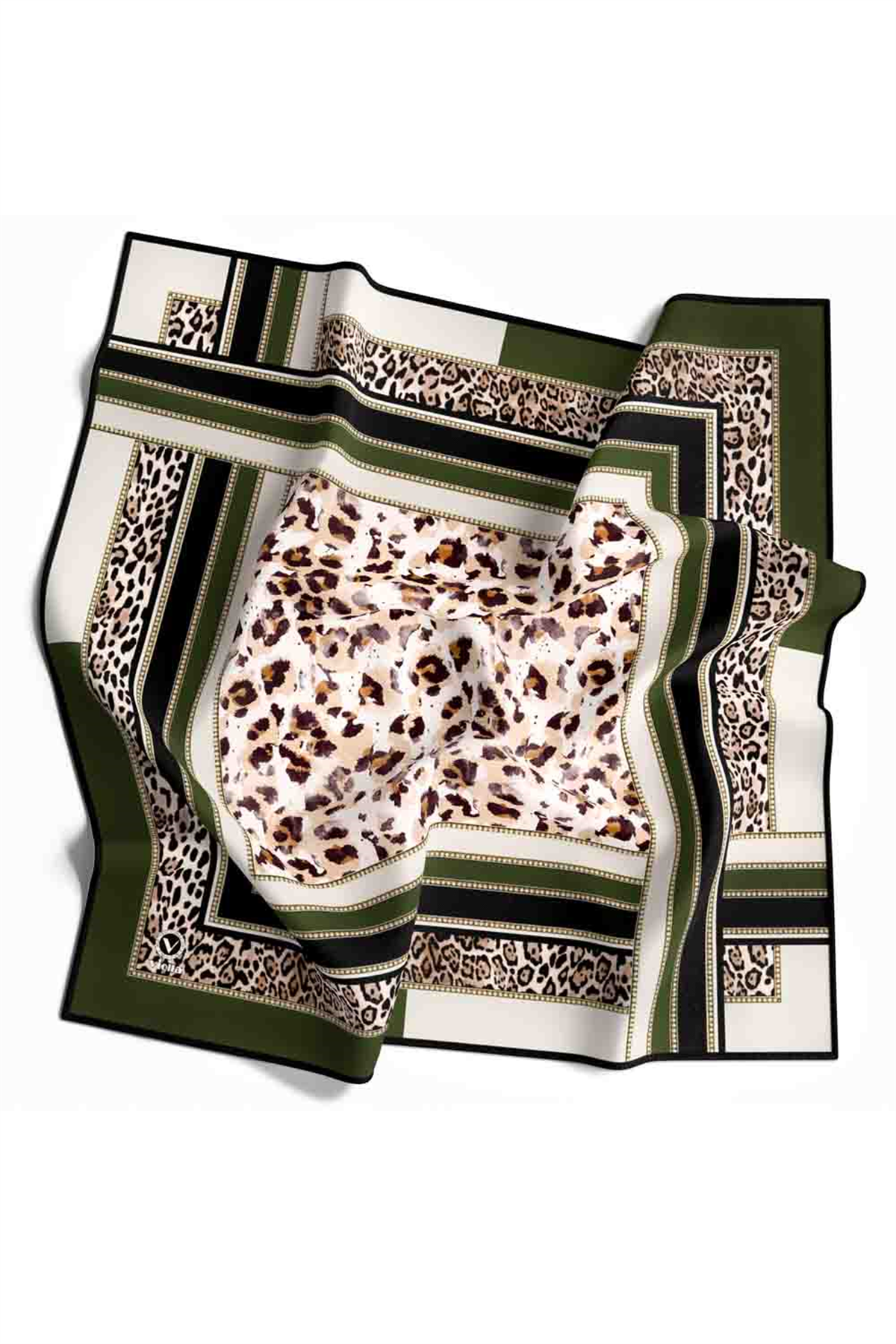 Twill Kemerli ve Leopar Desenli Zümrüt Yeşili Renkli 90x90 Eşarp (İpek İçermez) Dikim Şekli : El Dikişi