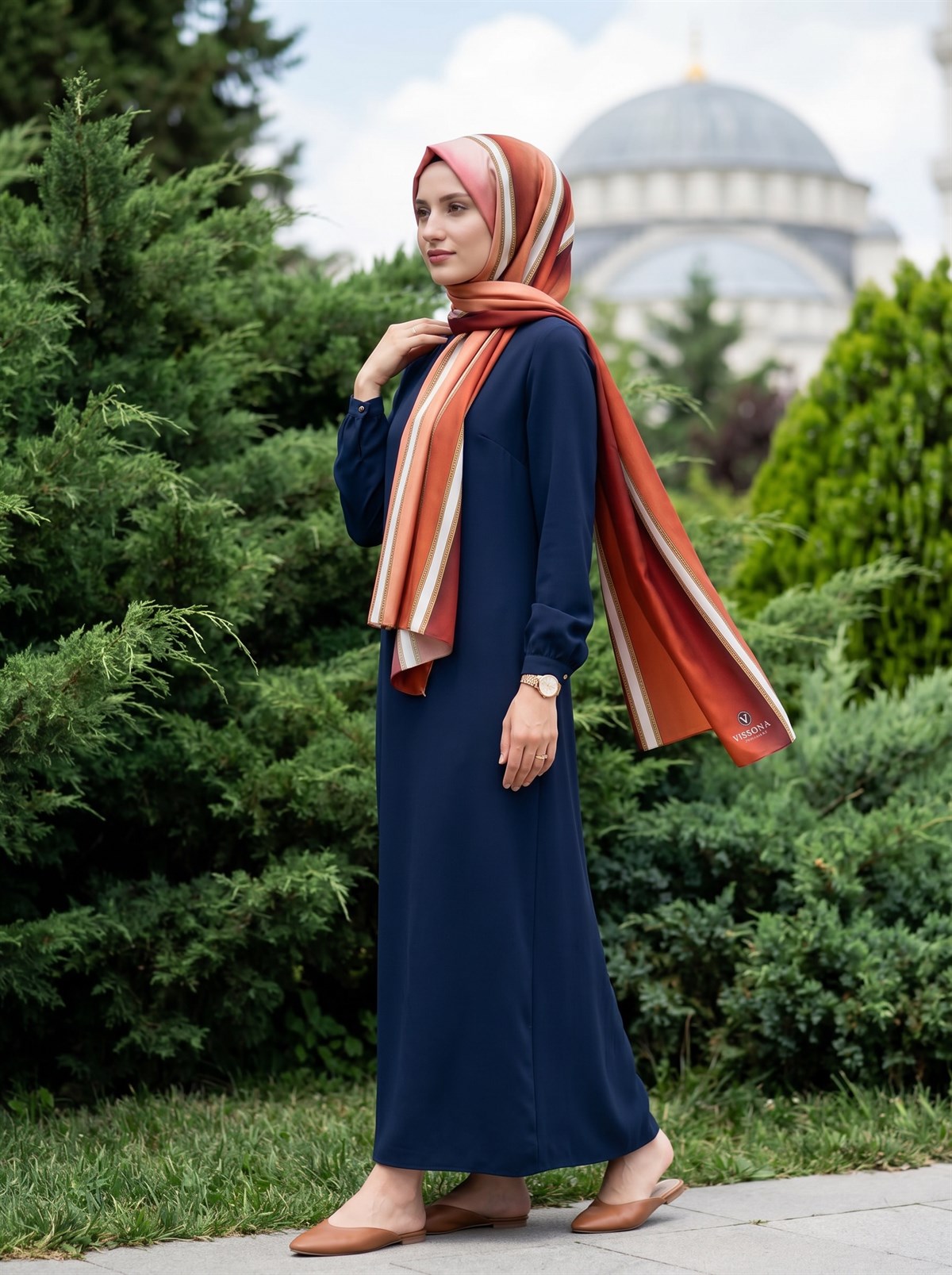 %100 Saf İpek Şal İnce Saten Vual Dokuma Şerit Desenli Taba - Krem Renkli 90x210 Şal