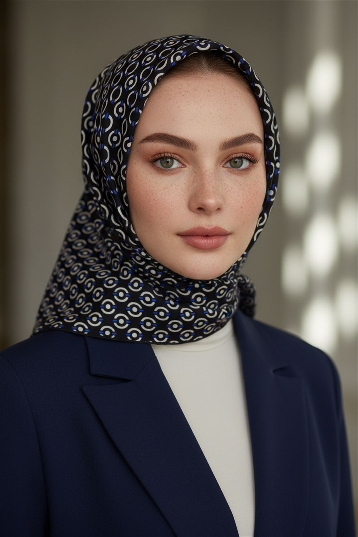 %100 Twill İpek Zincir Desenli Siyah - Saks Renkli 90x90 Eşarp Kenar Dikiş Şekli El Dikişli