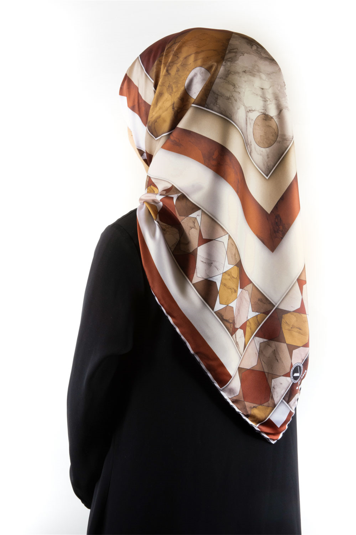 Twill Geometrik Mermer Desenli Taba Renkli 90x90 Eşarp (İpek İçermez) Kenar Dikiş Şekli El Dikişli