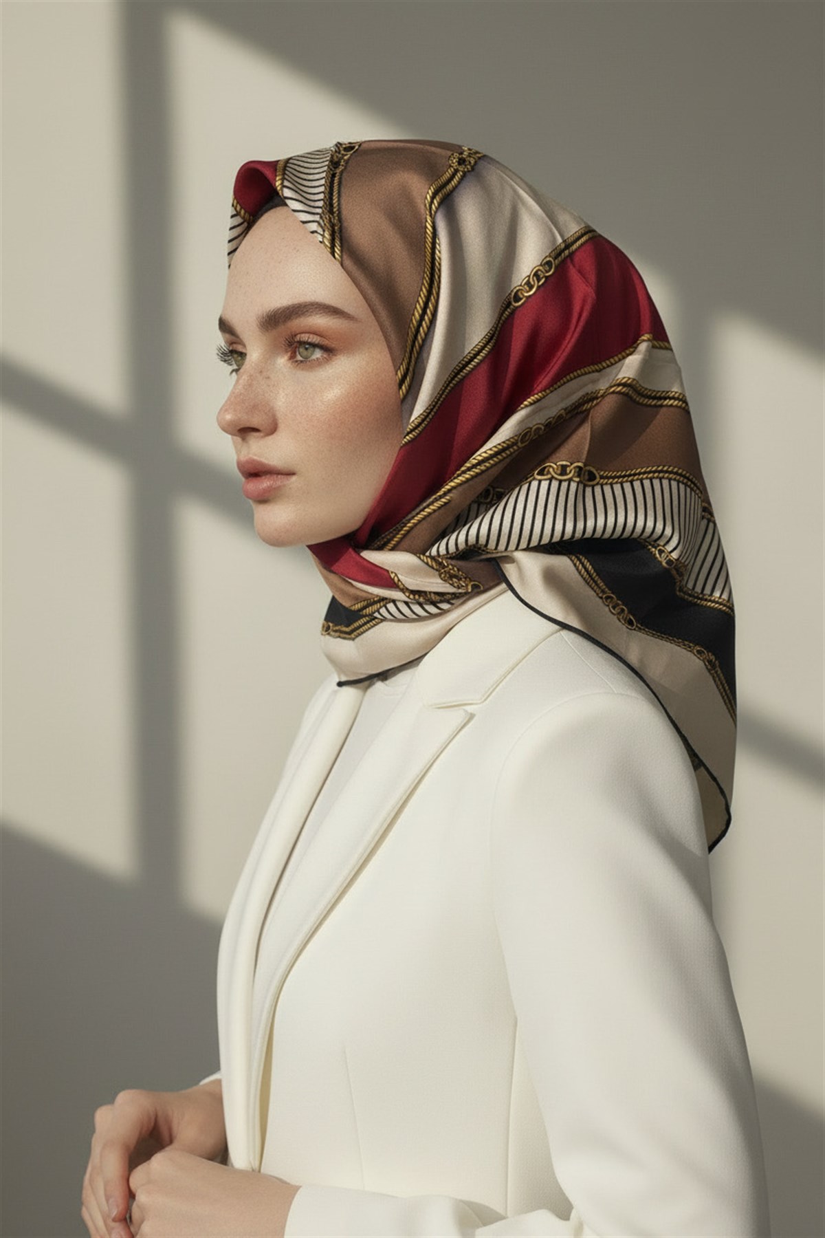 %100 Twill İpek Zincir Detaylı Geometrik Desenli Bordo - Bej Renkli 90x90 Eşarp Dikim Şekli : El Dikişi