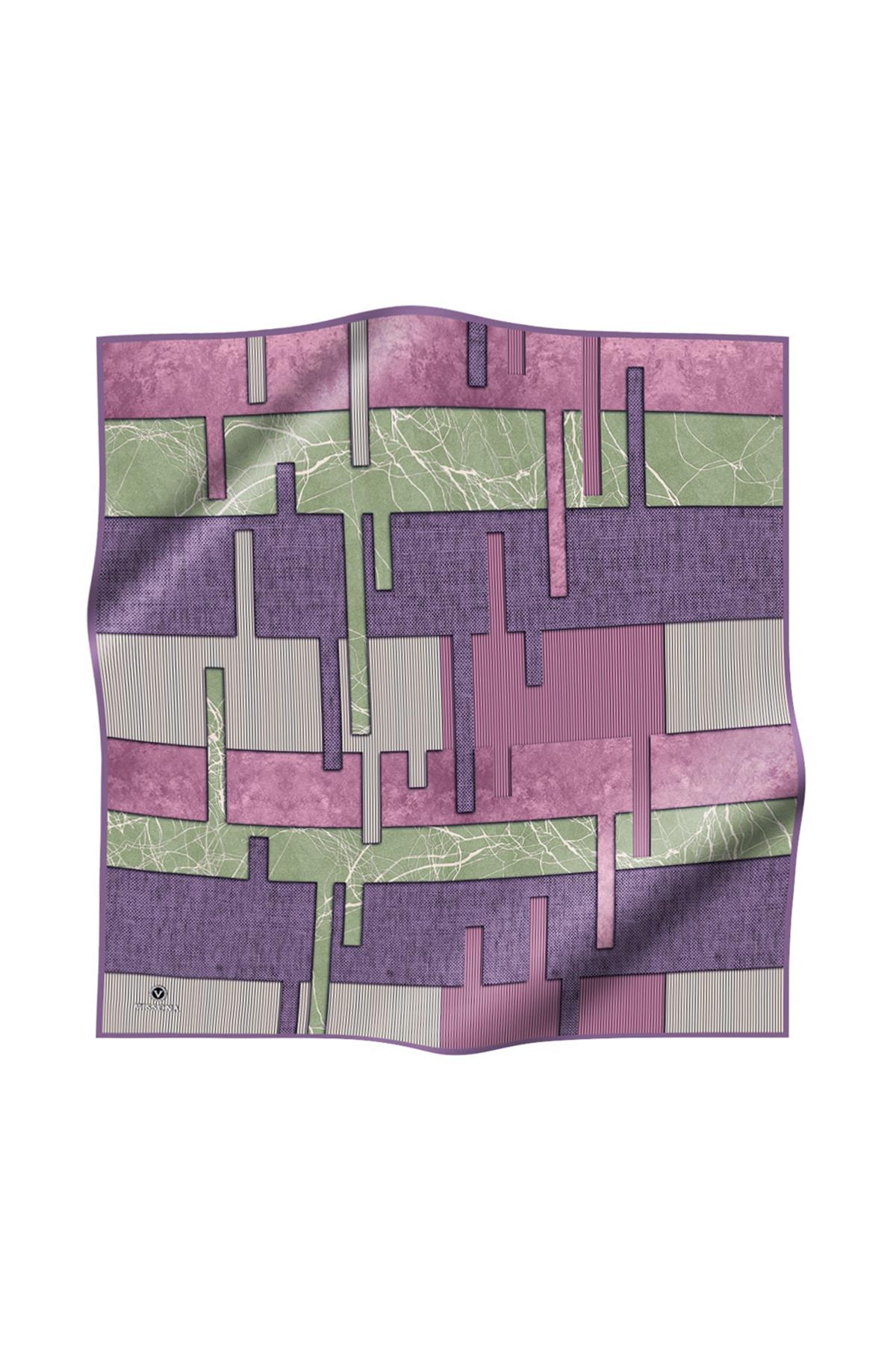 %100 Twill İpek Geometrik Desenli Lila Renkli 90x90 Eşarp Dikim Şekli : El Dikişi