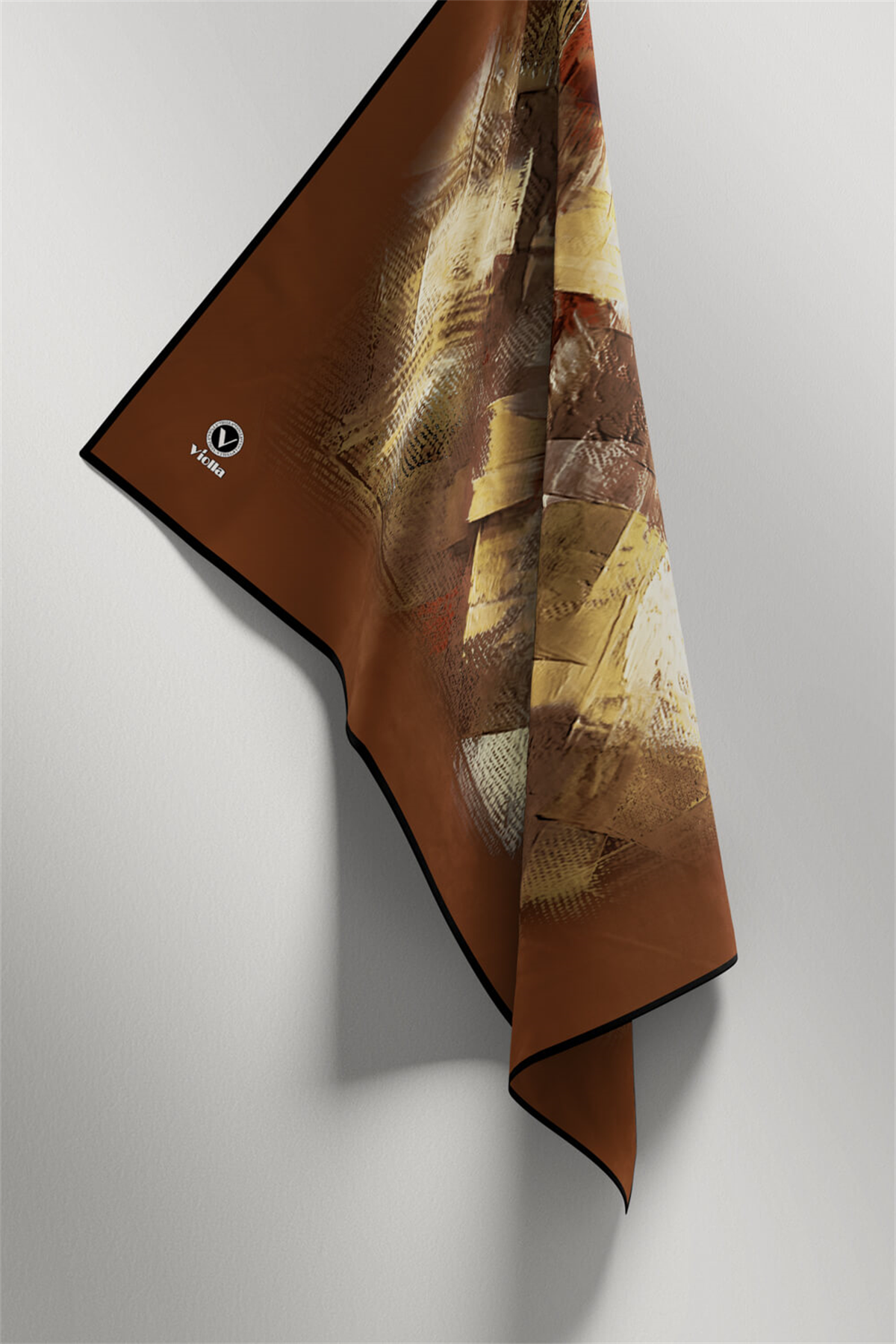 Twill Fırça Efektli Desenli Taba Renkli 90x90 Eşarp (İpek İçermez) Kenar Dikiş Şekli El Dikişli