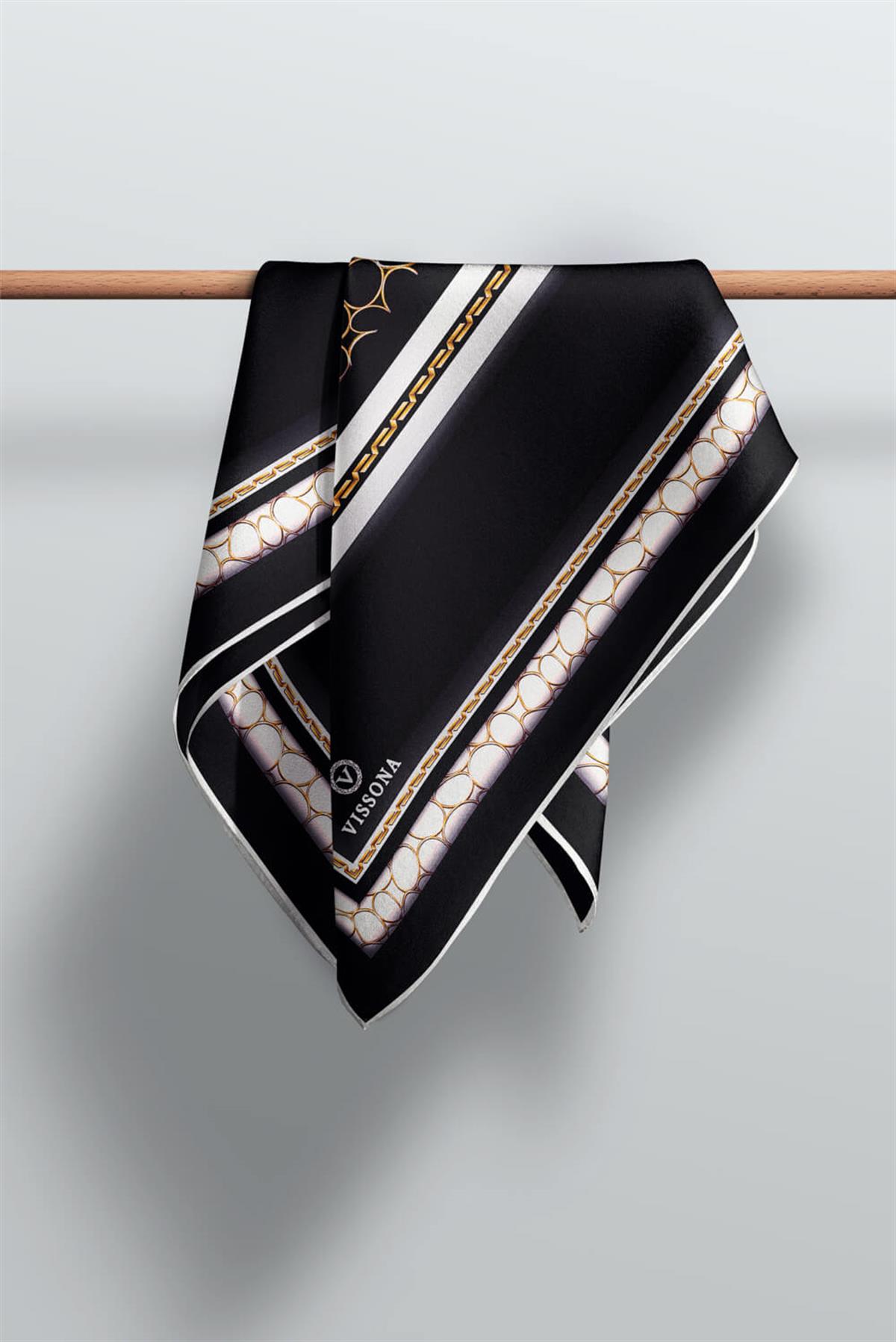 %100 Twill İpek Gold Halka Desenli Siyah - Krem Renkli 90x90 Eşarp Dikim Şekli : El Dikişi