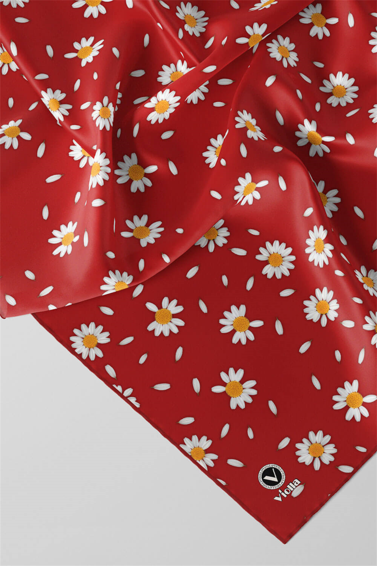Twill Papatya Desenli Kırmızı Renkli 90x90 Eşarp (İpek İçermez) Kenar Dikiş Şekli El Dikişli