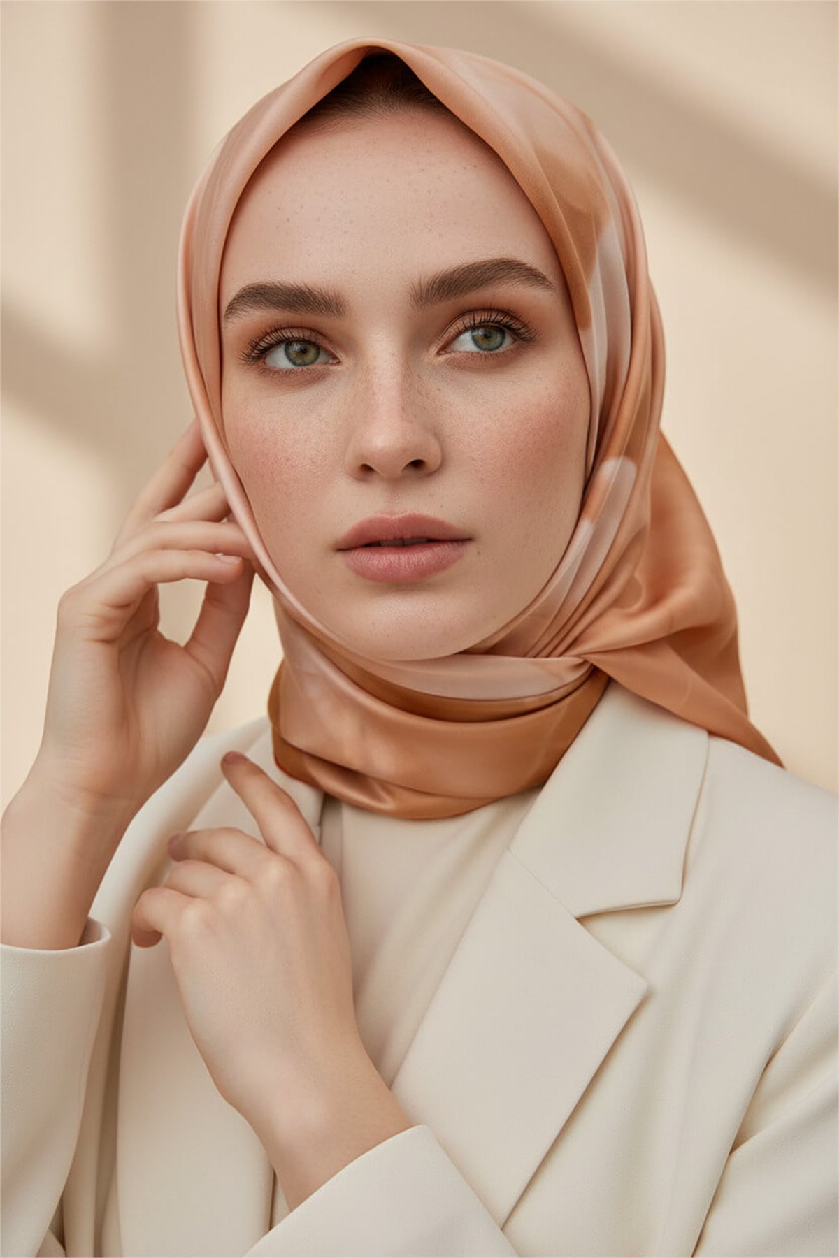 Rayon Büyük Çiçek Desenli Turuncu Renkli 90x90 Eşarp (İpek İçermez) Kenar Dikiş Şekli El Dikişli