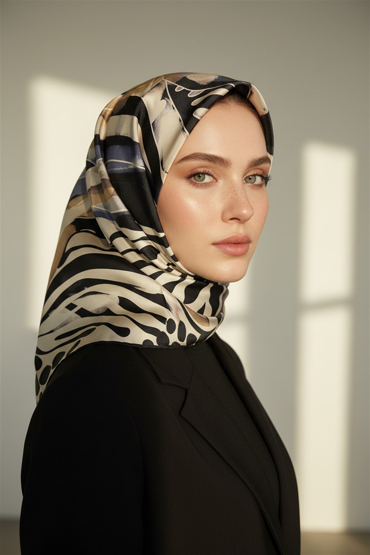 %100 Twill İpek Amazon Desenli Gri- Bej Renkli 90x90 Eşarp Kenar Dikiş Şekli El Dikişli