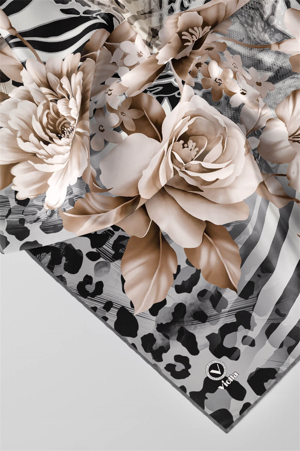 Twill Renkli Şerit Desenli Gri Renkli 90x90 Eşarp (İpek İçermez) Kenar Dikiş Şekli El Dikişli