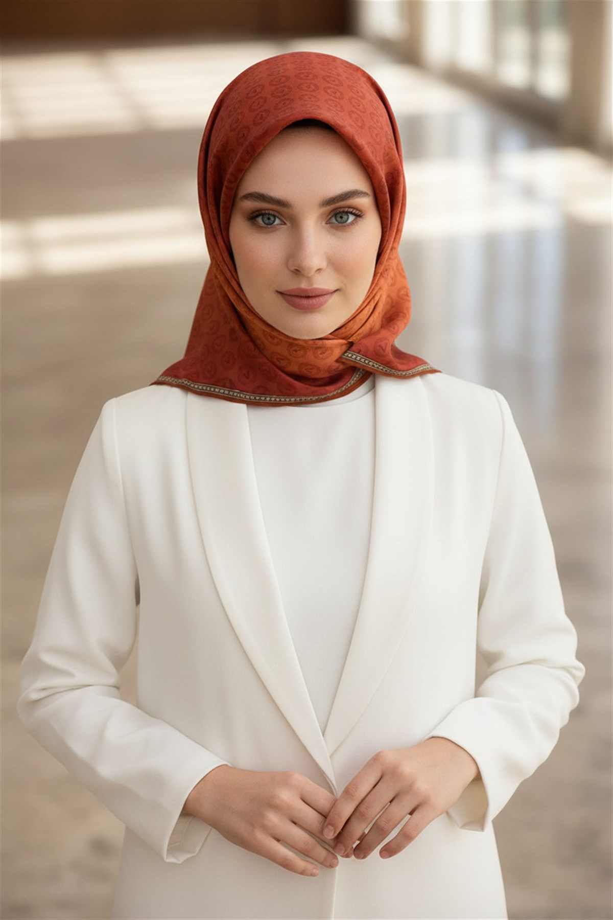 % 57 İPEK % 43 VİSKON Twill İpek Monogram Desenli Taba Renkli 90x90 Eşarp Dikim Şekli : El Dikişi