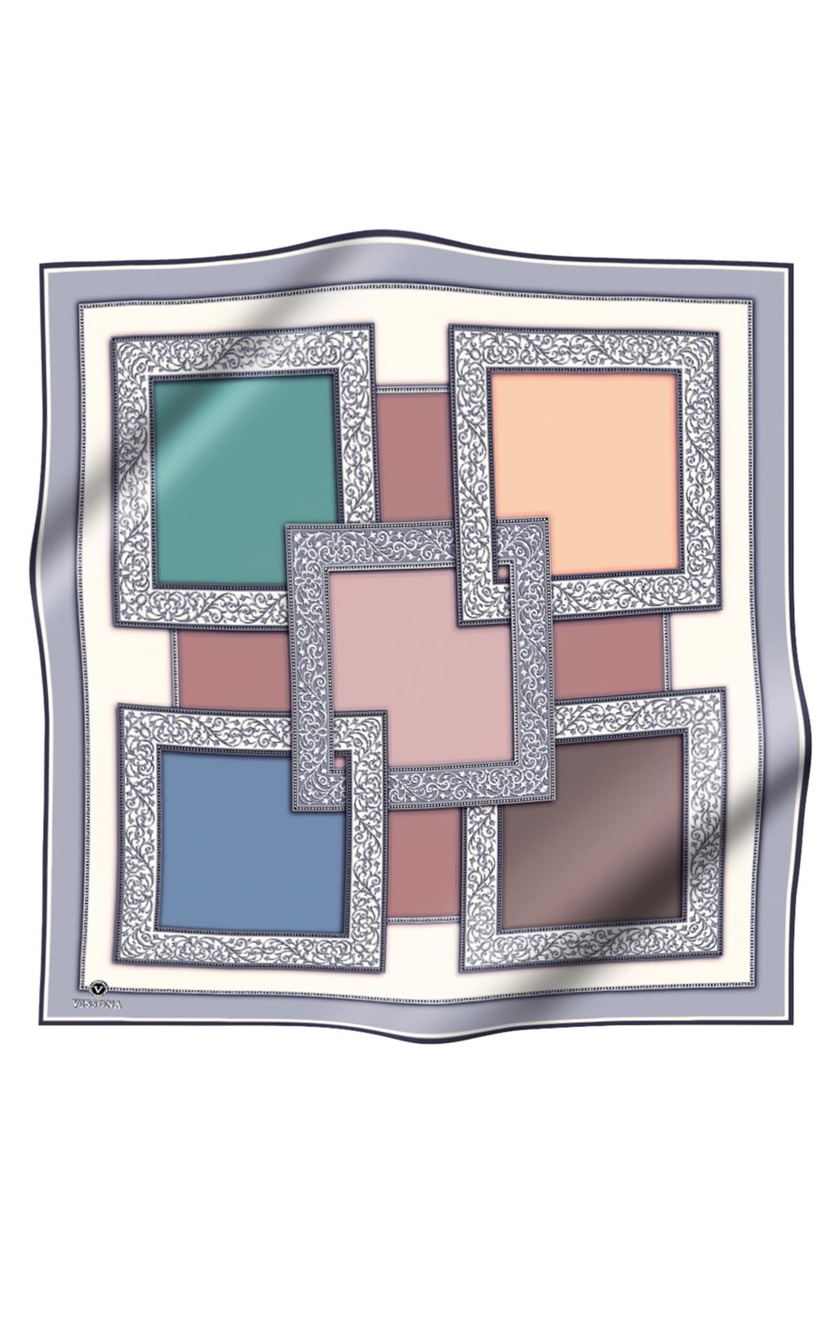 %100 Twill İpek Geometrik Desenli Gri - Pudra Renkli 90x90 Eşarp Dikim Şekli : El Dikişi