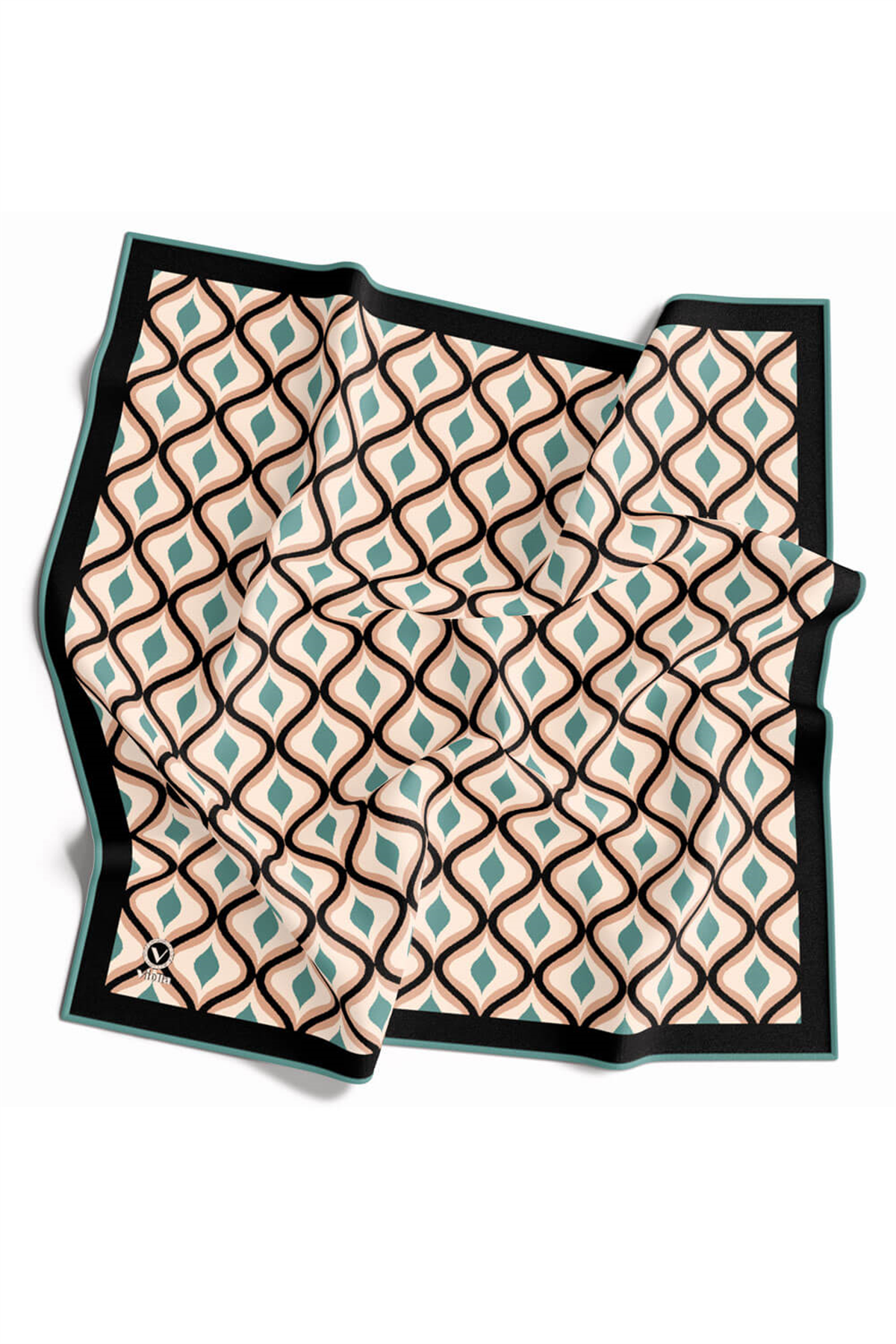Twill Geometrik Daire Desenli Petrol Yeşili Renkli 90x90 Eşarp (İpek İçermez) Dikim Şekli : El Dikişi
