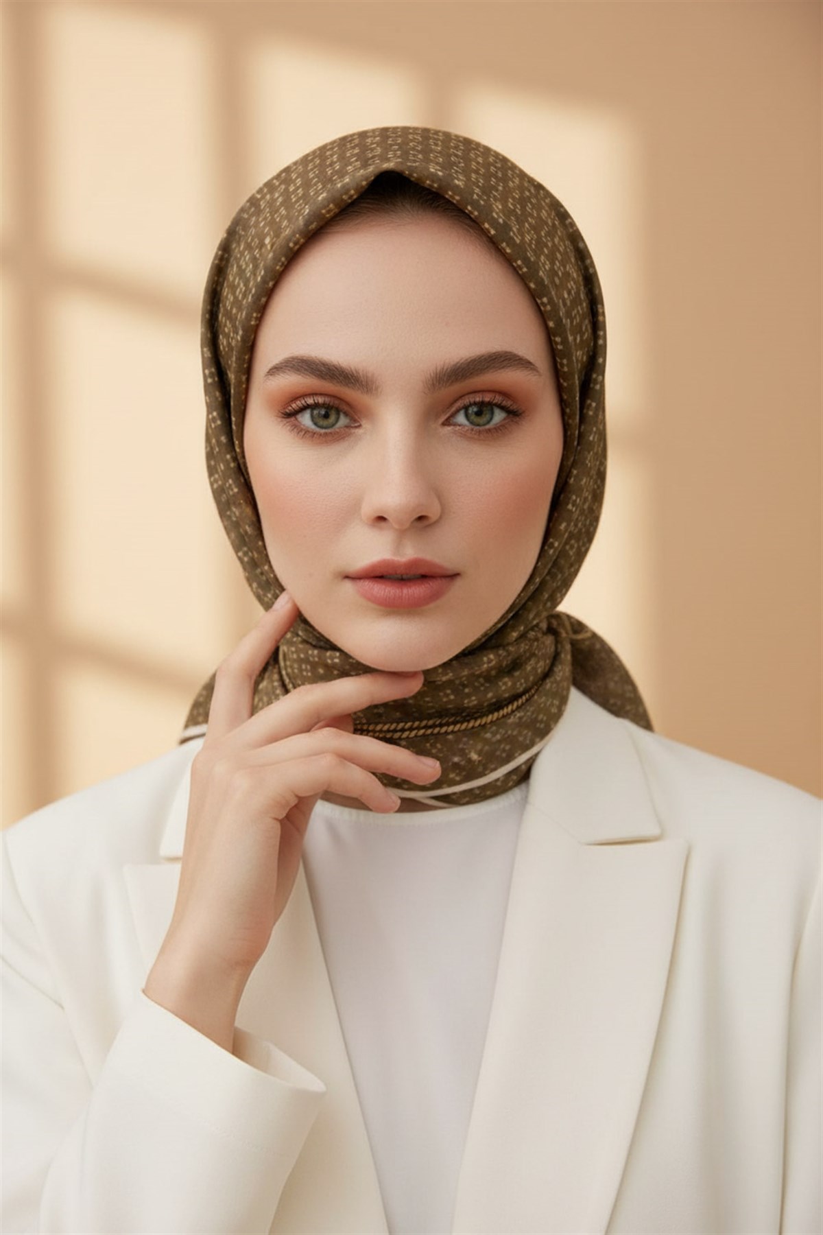 %100 Twill İpek Zincir Desenli Vizon - Gold Renkli 90x90 Eşarp Dikim Şekli : El Dikişi