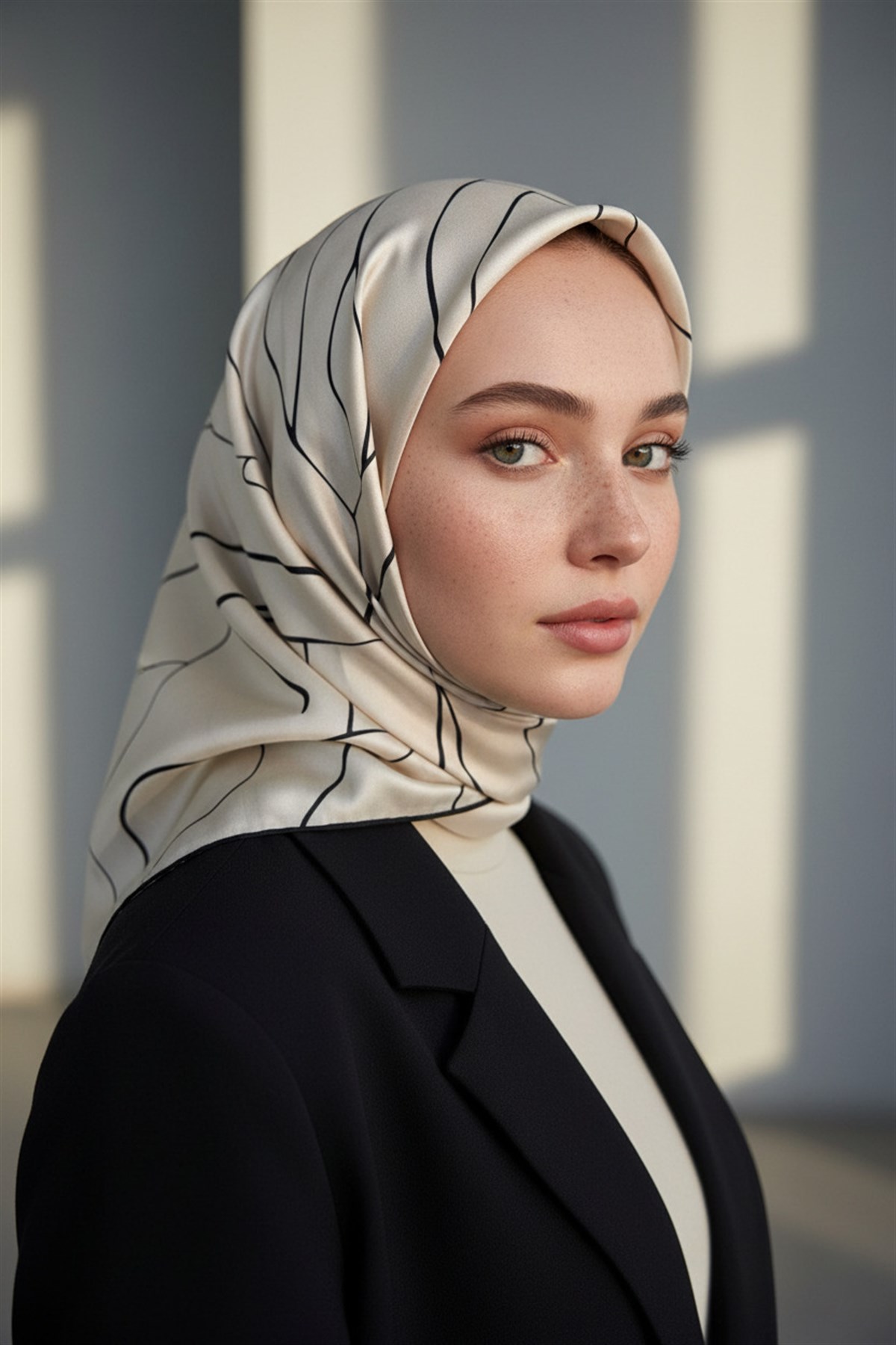 %100 Twill İpek Çizgi Desenli Krem - Siyah Renkli 90x90 Eşarp Dikim Şekli : El Dikişi