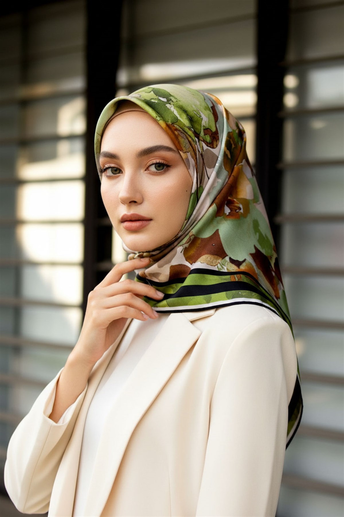 % 57 İPEK % 43 VİSKON Twill İpek Sulu Boyalı Çiçek Desenli Haki - Vizon Renkli 90x90 Eşarp Dikim Şekli : El Dikişi