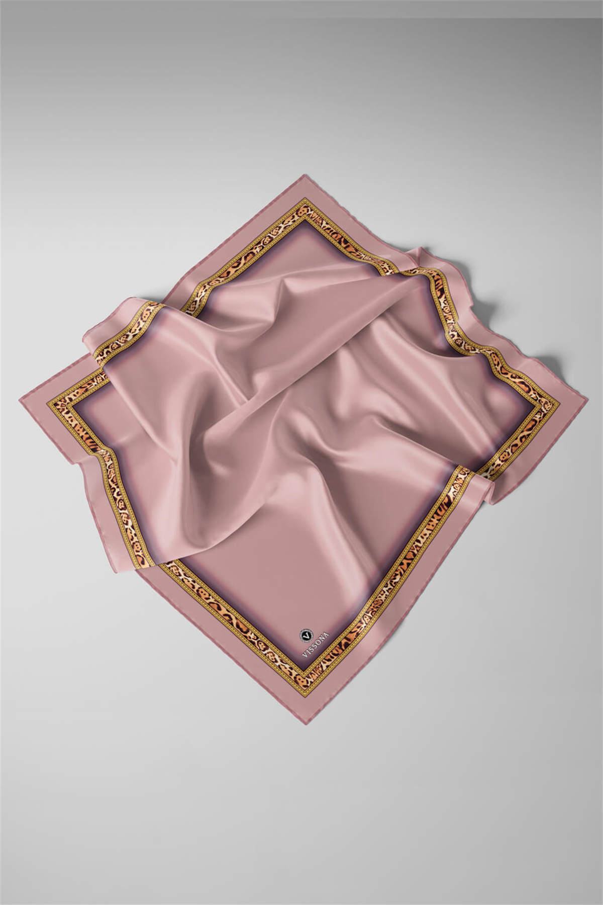 %100 Twill İpek Bordürü Leoparlı Düz Desenli Pudra - Gold Renkli 90x90 Eşarp Dikim Şekli : El Dikişi