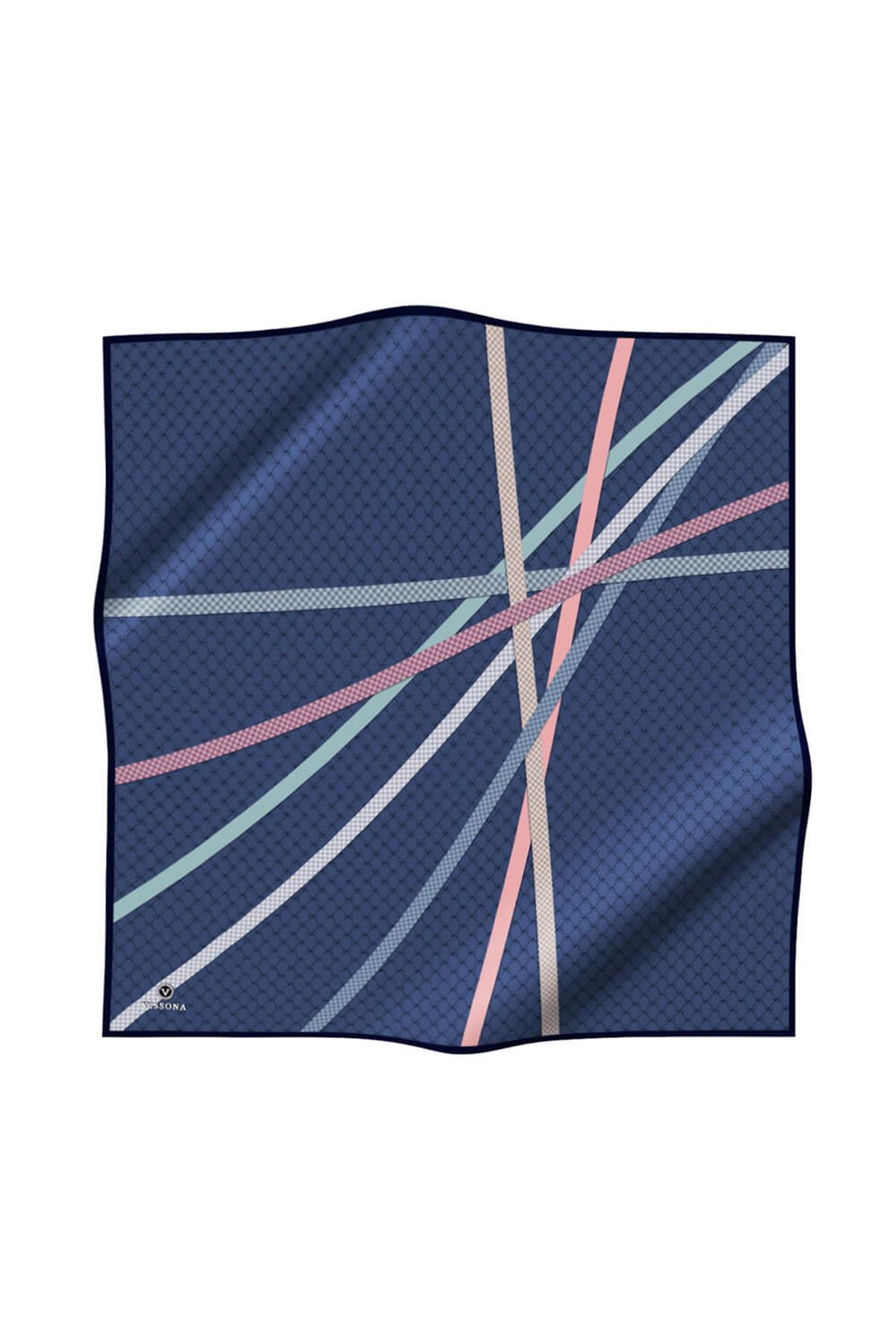%100 Twill İpek Monogram Ve Şerit Desenli İndigo - Pudra Renkli 90x90 Eşarp Dikim Şekli : El Dikişi