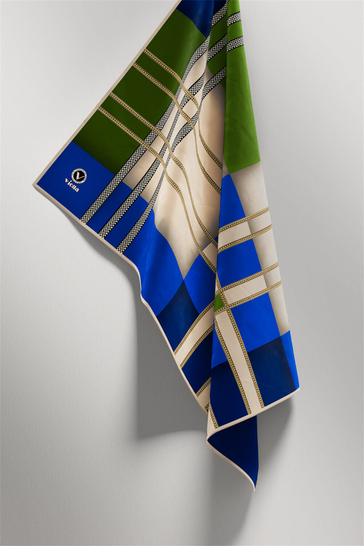 Twill Geometrik Desenli Zümrüt Yeşili - Saks Renkli 90x90 Eşarp (İpek İçermez) Kenar Dikiş Şekli El Dikişli
