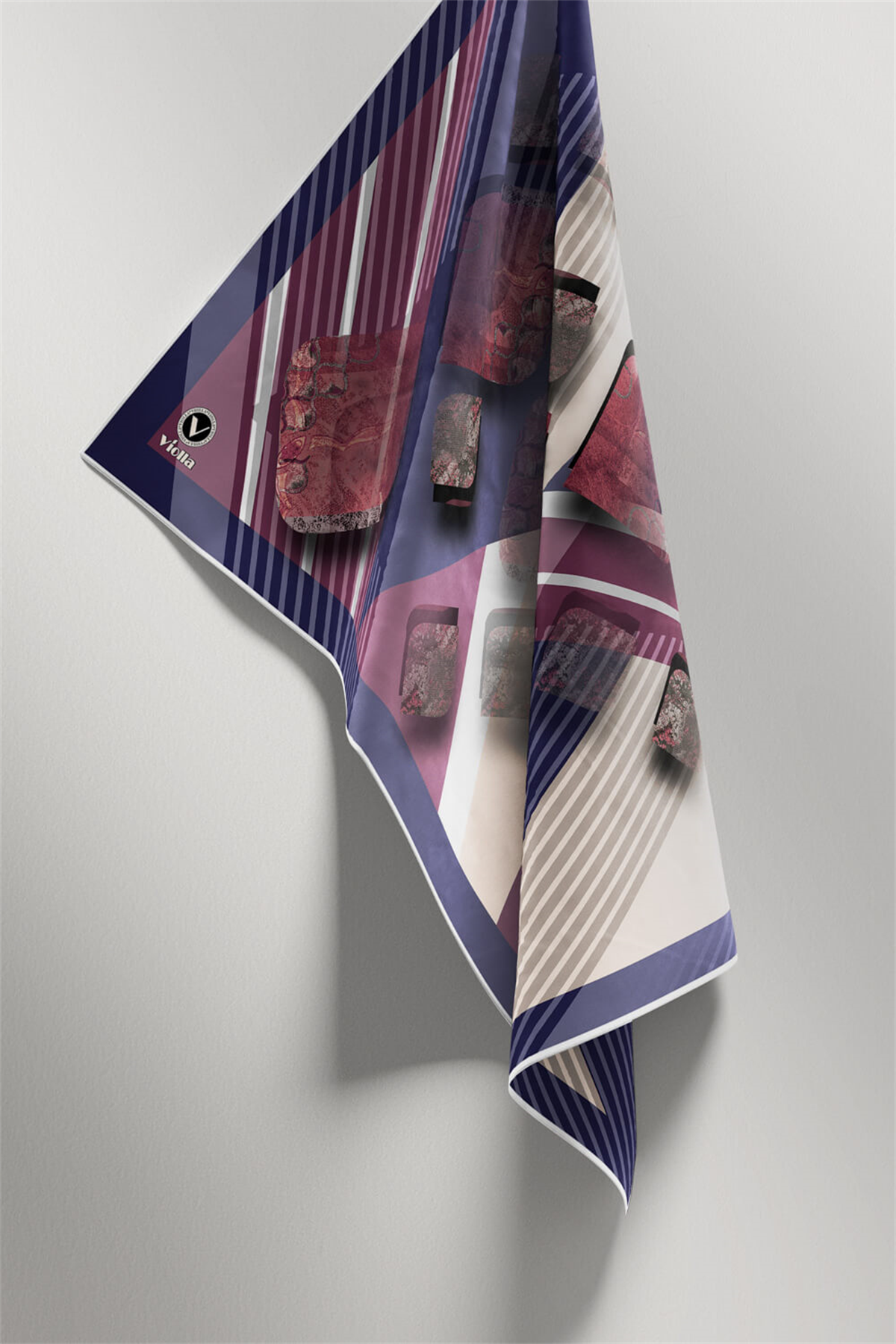 Twill Çizgili ve Geometrik Desenli Mor Renkli 90x90 Eşarp (İpek İçermez) Kenar Dikiş Şekli El Dikişli