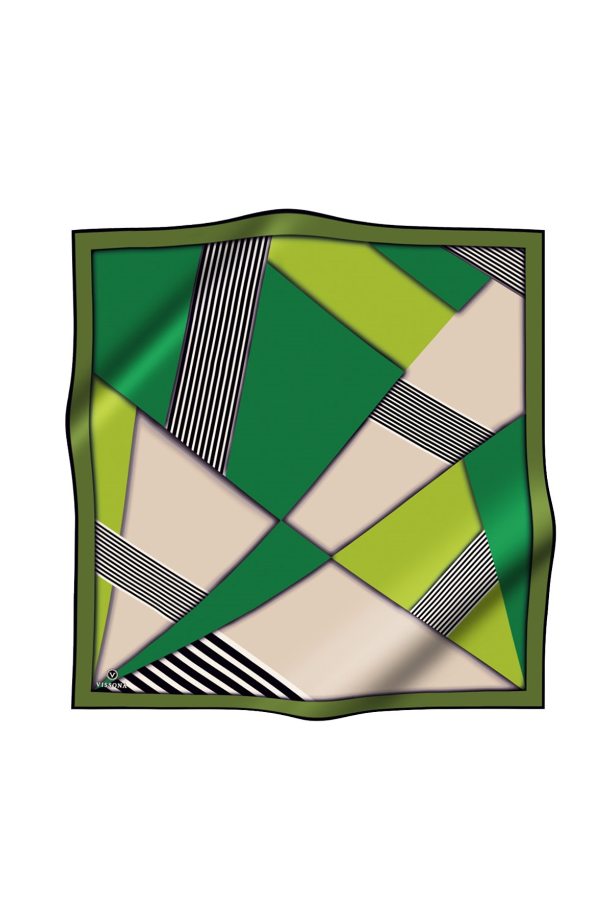 %100 Twill İpek Çizgili ve Geometrik Desenli Zümrüt Yeşili - Haki Renkli 90x90 Eşarp Dikim Şekli : El Dikişi