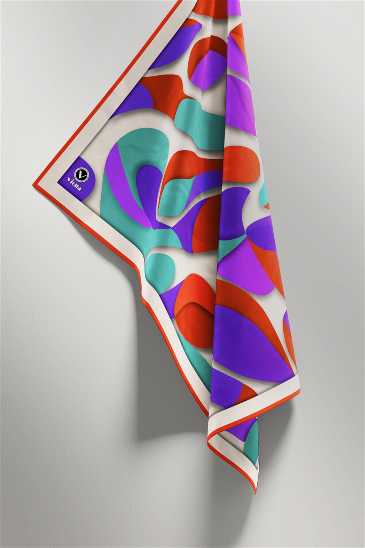 Twill Soyut Geometrik Desenli Taba - Mor Renkli 90x90 Eşarp (İpek İçermez) Dikim Şekli : El Dikişi
