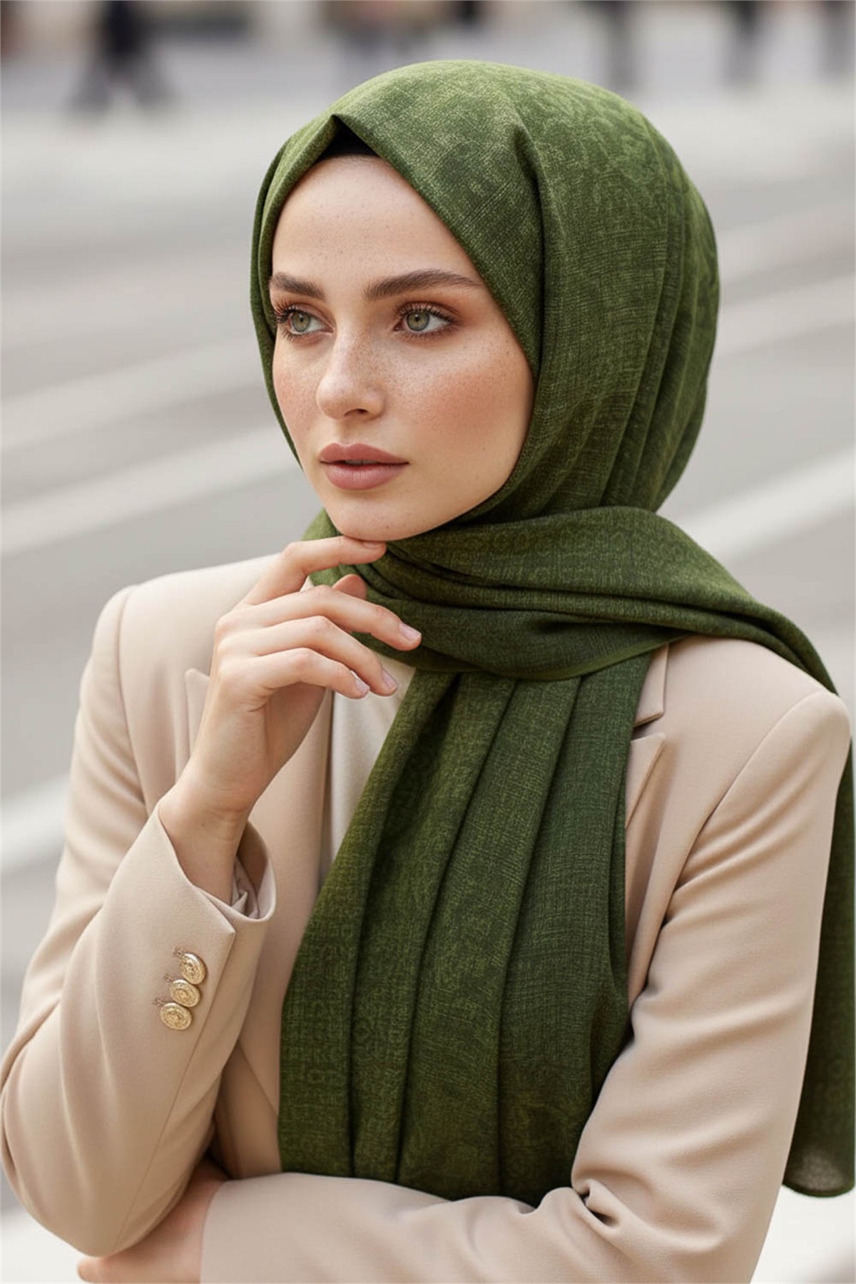 KREP DOKU DESENLİ HAKİ RENKLİ 75X195 KIRIŞMAZ ŞAL