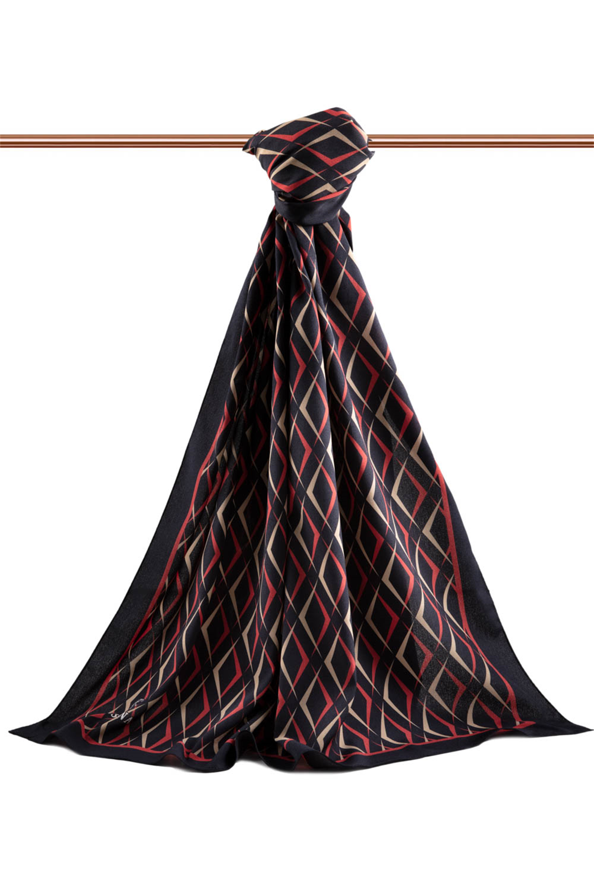 LÜKS MEDİNE İPEĞİ GEOMETRİK DESENLİ SİYAH - BORDO RENKLİ 75X195 KIRIŞMAZ ŞAL MOSS KREP DİKİŞ TİPİ İTALYAN DİKİŞLİ