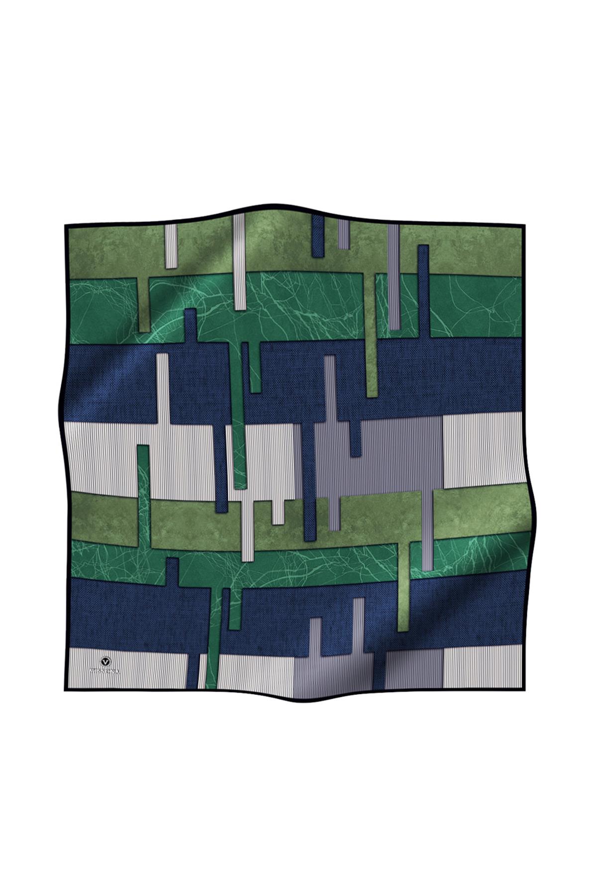 %100 Twill İpek Geometrik Desenli Siyah - Zümrüt Yeşili Renkli 90x90 Eşarp Dikim Şekli : El Dikişi