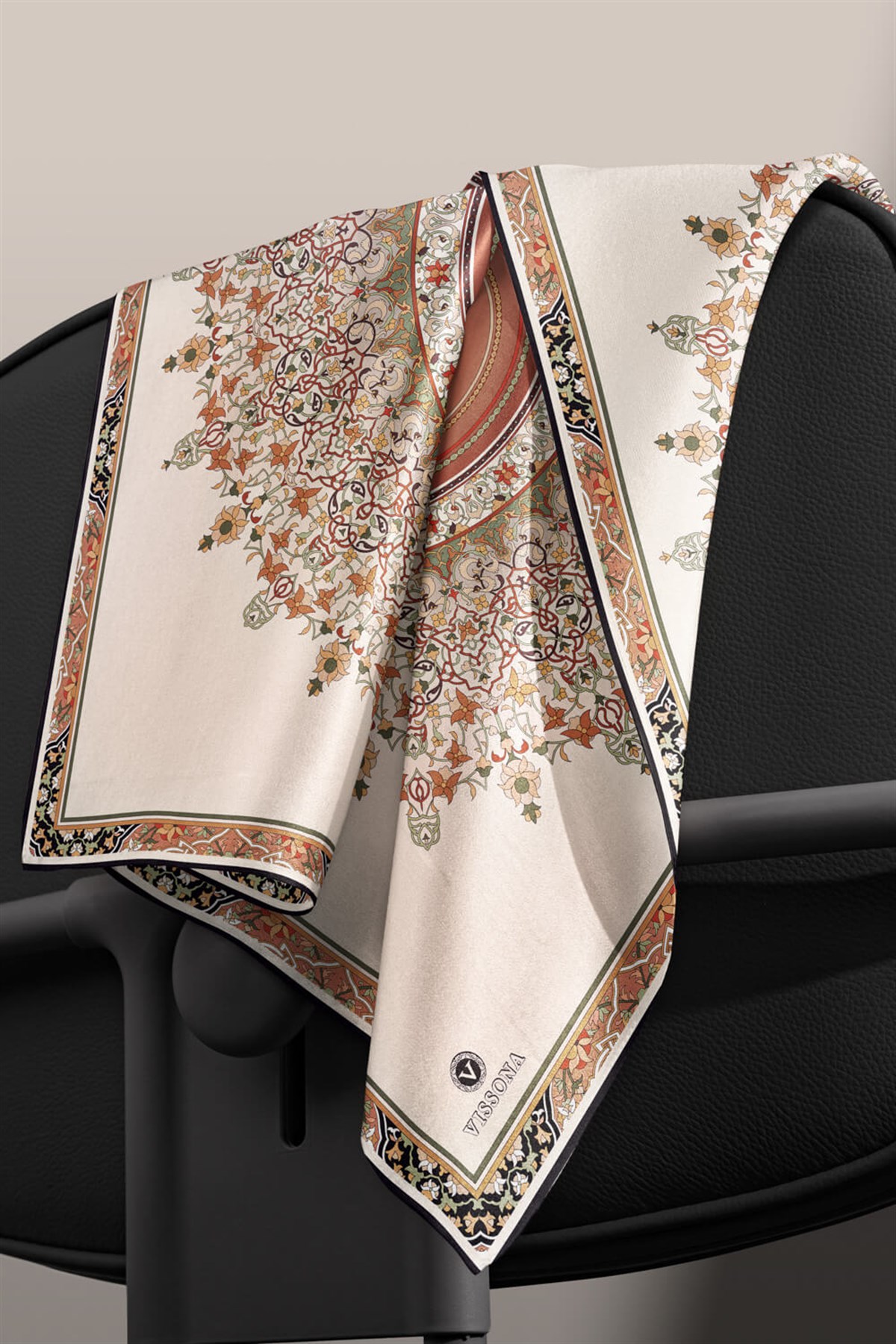 %100 Twill İpek Şal Desenli Bakır Renkli 90x90 Eşarp Dikim Şekli : El Dikişi