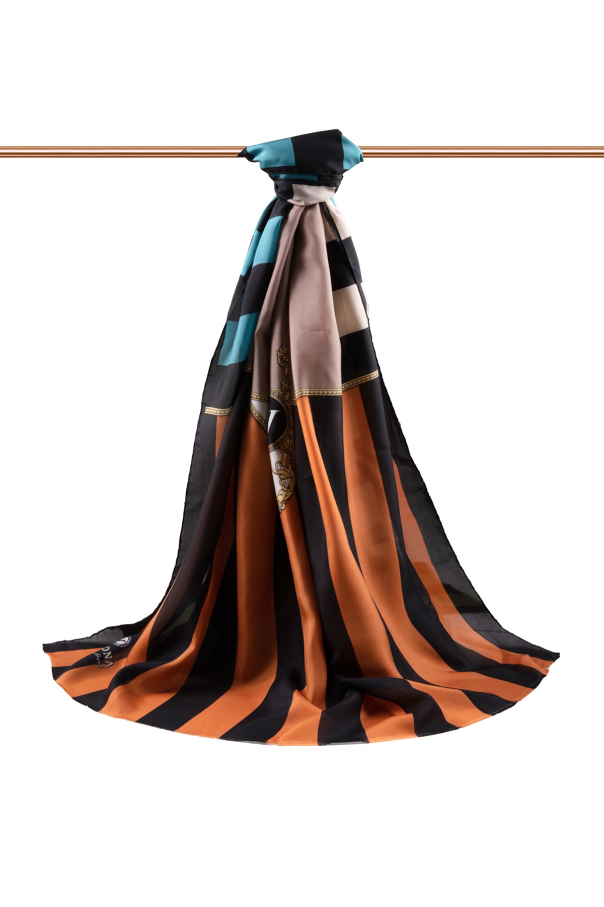 %100 İpek Şerit Ve Varak Desenli Taba - Haki Renkli 92x210 Şal