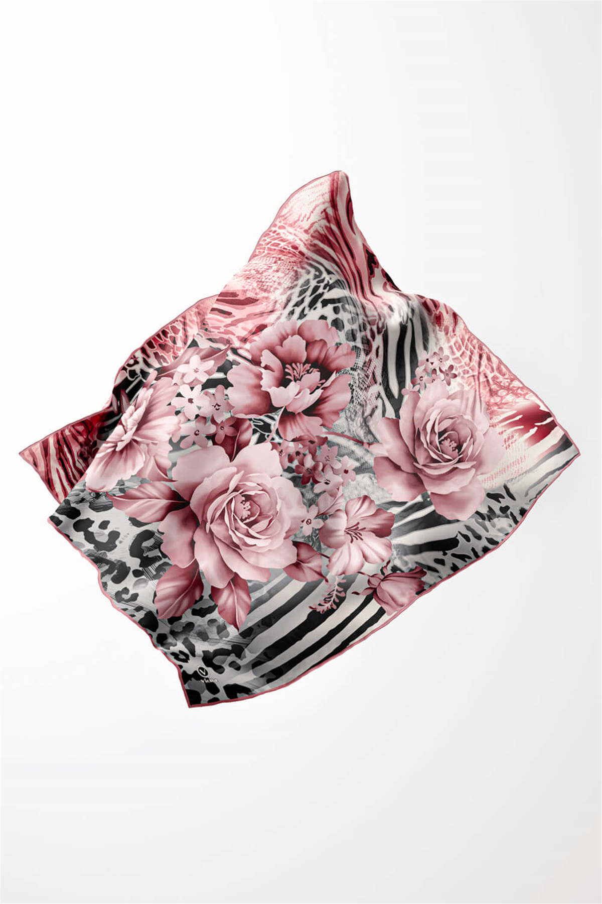 Twill Renkli Şerit Desenli Pudra Renkli 90x90 Eşarp (İpek İçermez) Kenar Dikiş Şekli El Dikişli