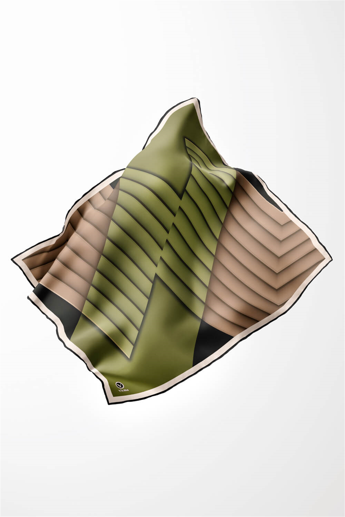 Rayon Zikzak Çizgi Desenli Haki Renkli 90x90 Eşarp (İpek İçermez) Dikim Şekli : El Dikişi