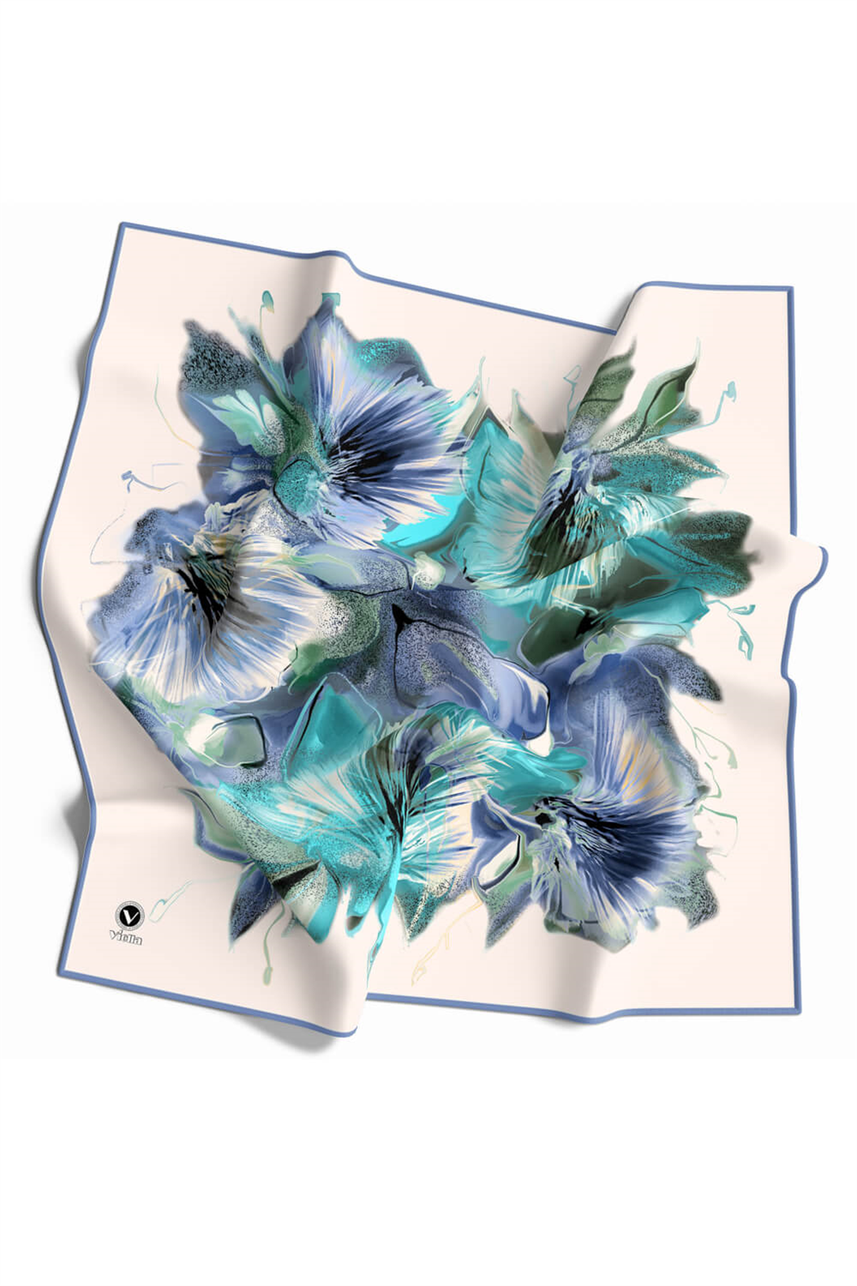 Twill Çiçek Desenli İndigo - Mint Yeşili Renkli 90x90 Eşarp (İpek İçermez) Kenar Dikiş Şekli El Dikişli