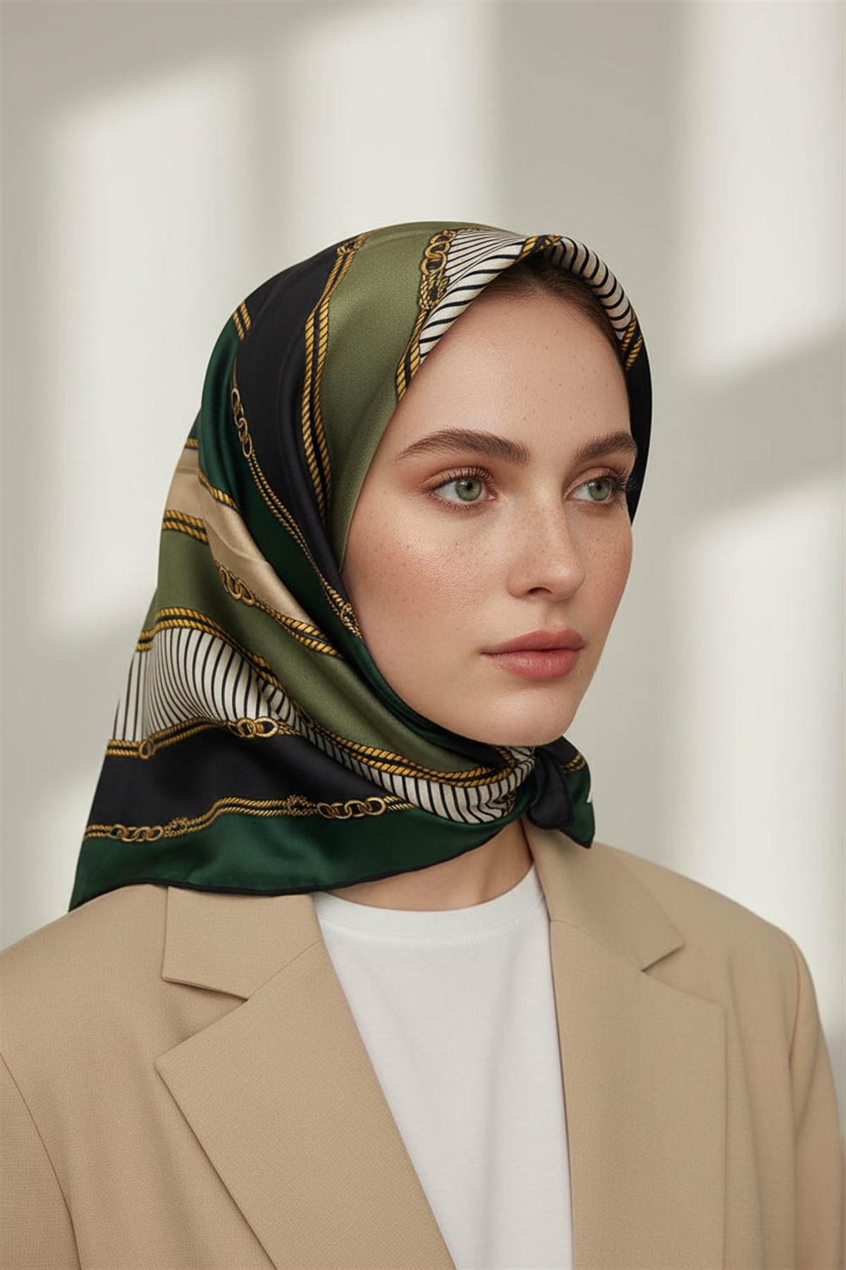 % 57 İPEK % 43 VİSKON Twill İpek Zincir Detaylı Geometrik Desenli Zümrüt Yeşili - Siyah Renkli 90x90 Eşarp Dikim Şekli : El Dikişi