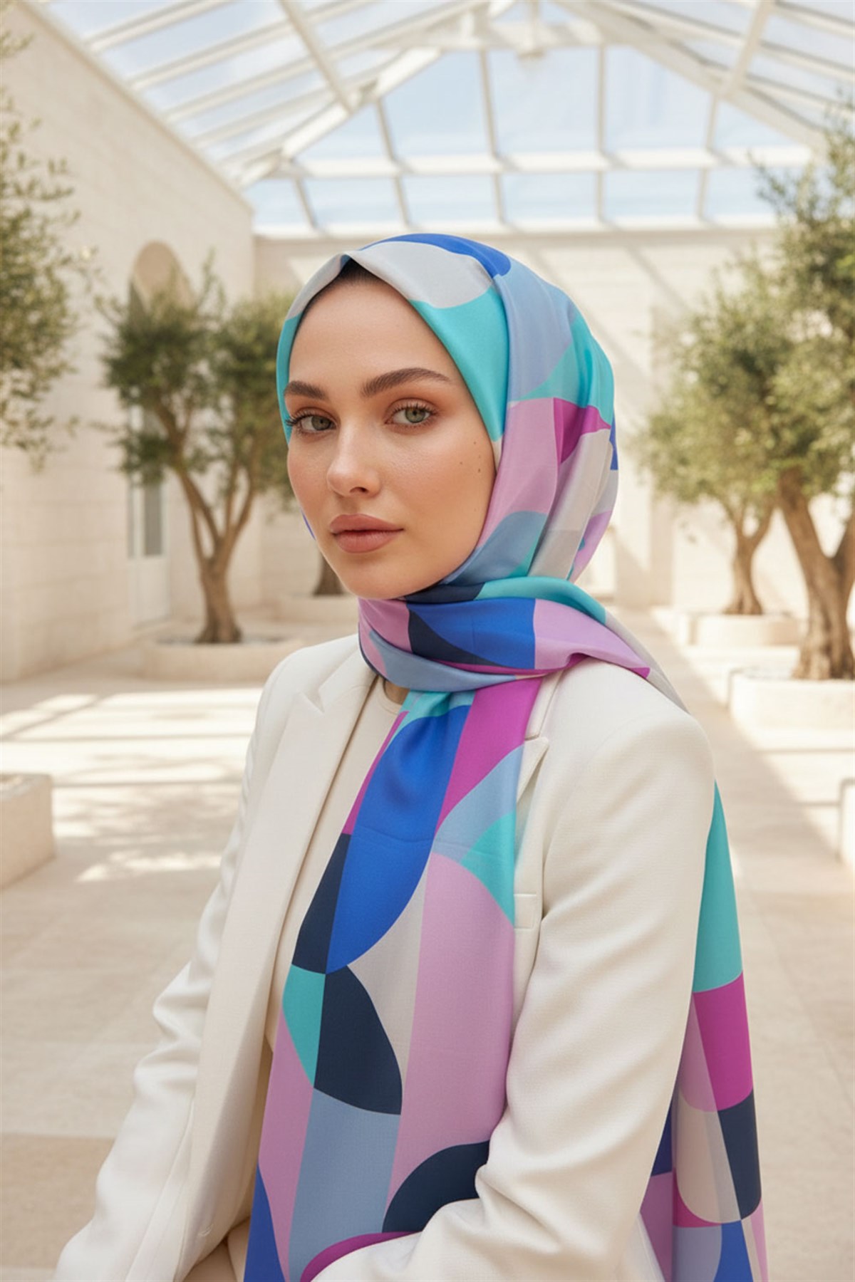 %100 Saf İpek Şal İnce Saten Vual Dokuma Geometrik Desenli 90x210 Şal