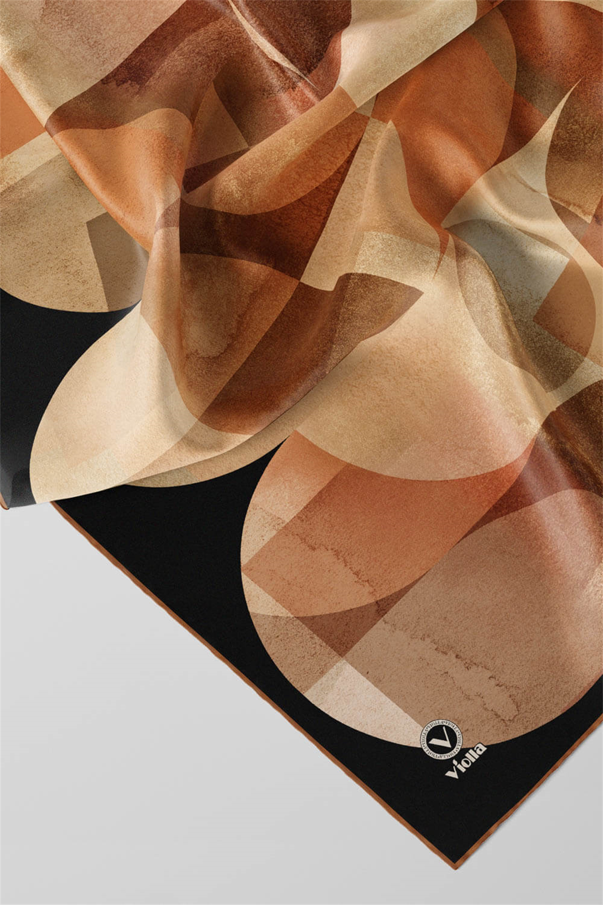 Twill Geometrik Desenli Taba Renkli 90x90 Eşarp (İpek İçermez)Kenar Dikiş Şekli El Dikişli