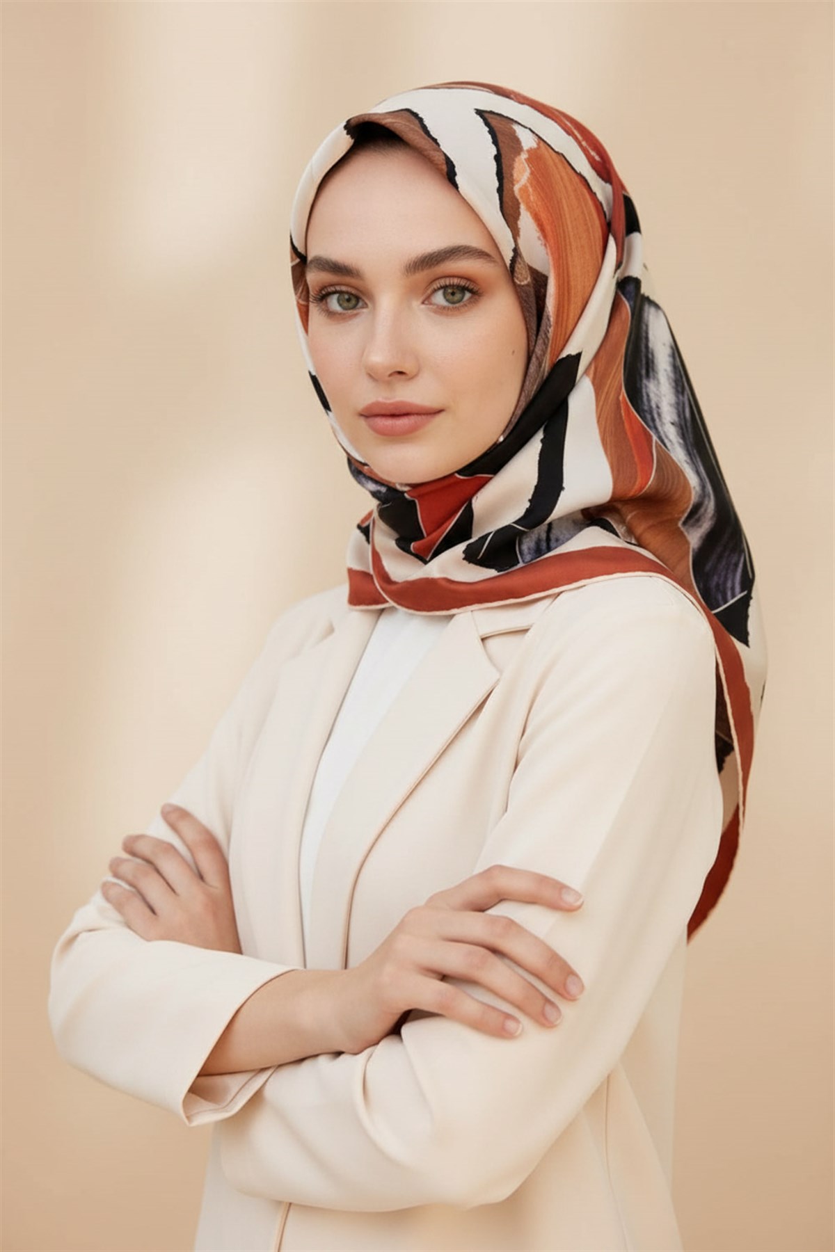 %100 Twill İpek Geometrik Desenli Taba - Bej Renkli 90x90 Eşarp Dikim Şekli : El Dikişi
