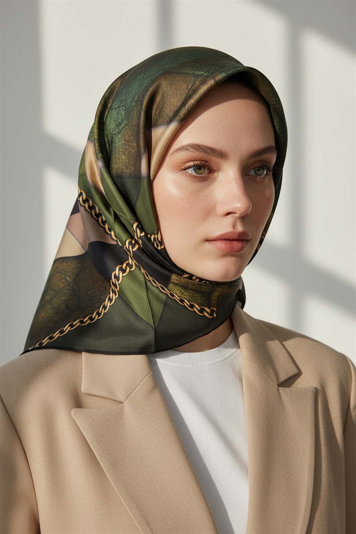 %100 Twill İpek Taş Efekti Desenli Haki - Siyah Renkli 90x90 Eşarp Dikim Şekli : El Dikişi