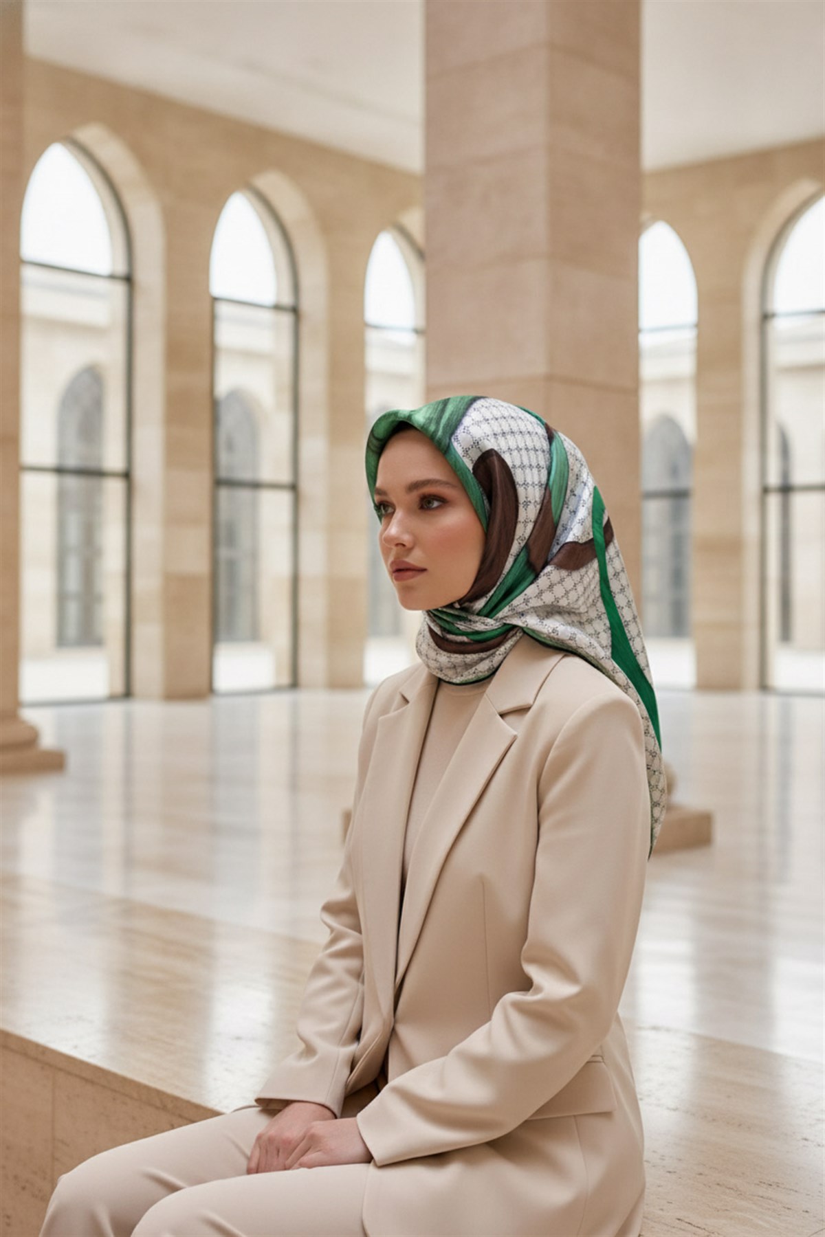 100% Twill Geometrik Halka Desenli Zümrüt Yeşili - Kahverengi  Renkli 90x90 Dikim Şekli : El Dikişi Eşarp