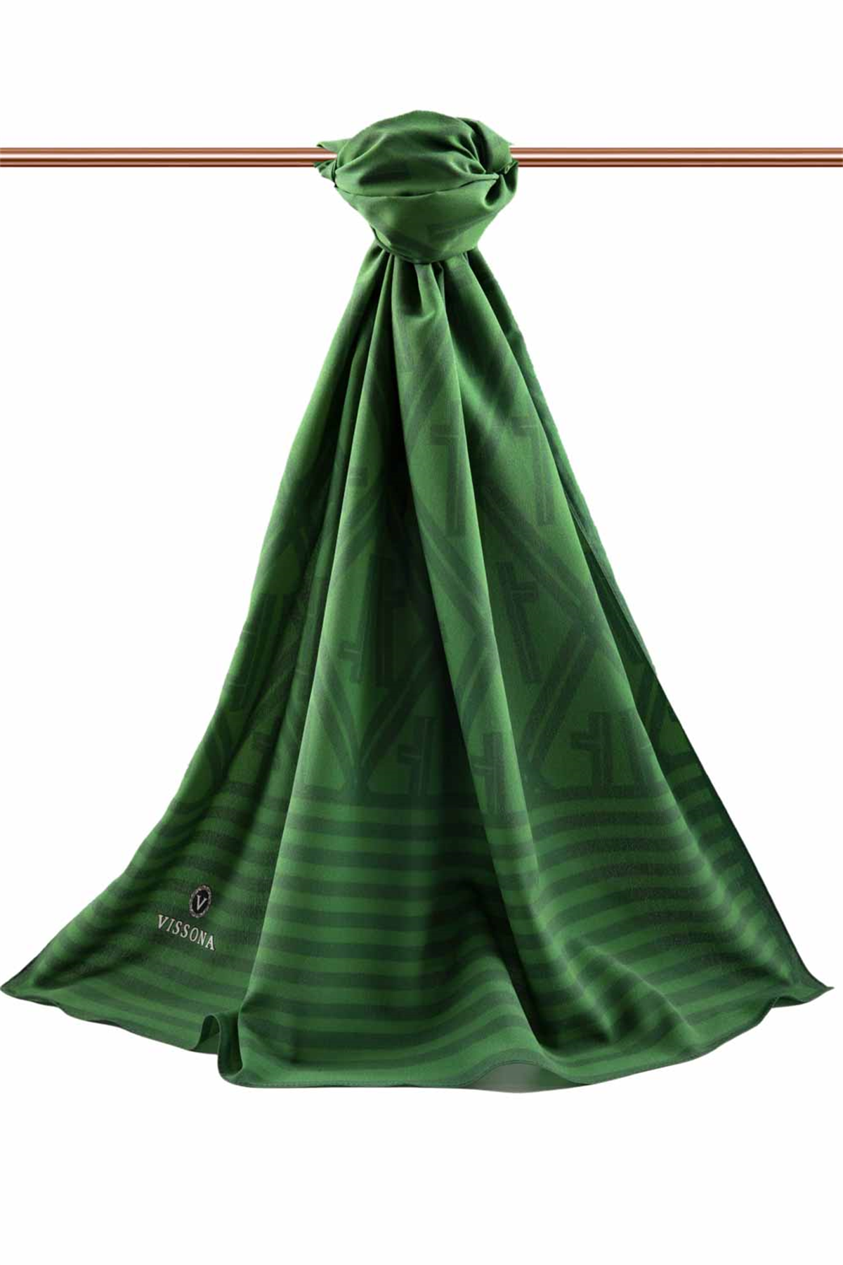 LÜKS MEDİNE MONOGRAM DESENLİ ZÜMRÜT YEŞİLİ RENKLİ 75X195 KIRIŞMAZ ŞAL MOSS KREP DİKİŞ TİPİ İTALYAN DİKİŞLİ