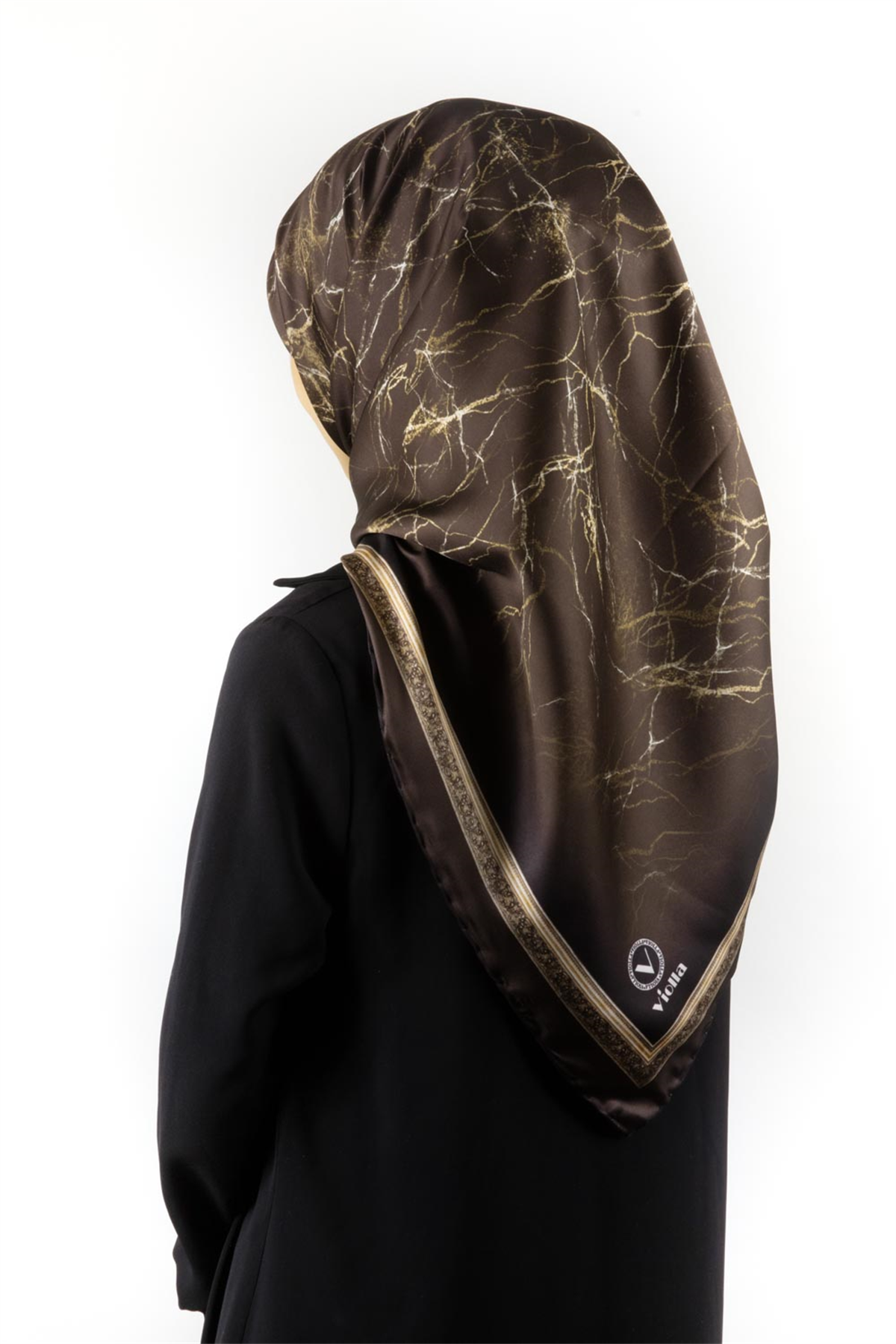 Twill Barok Çerçeveli Mermer Desenli Kahverengi Renkli 90x90 Eşarp (İpek İçermez) Kenar Dikiş Şekli El Dikişli
