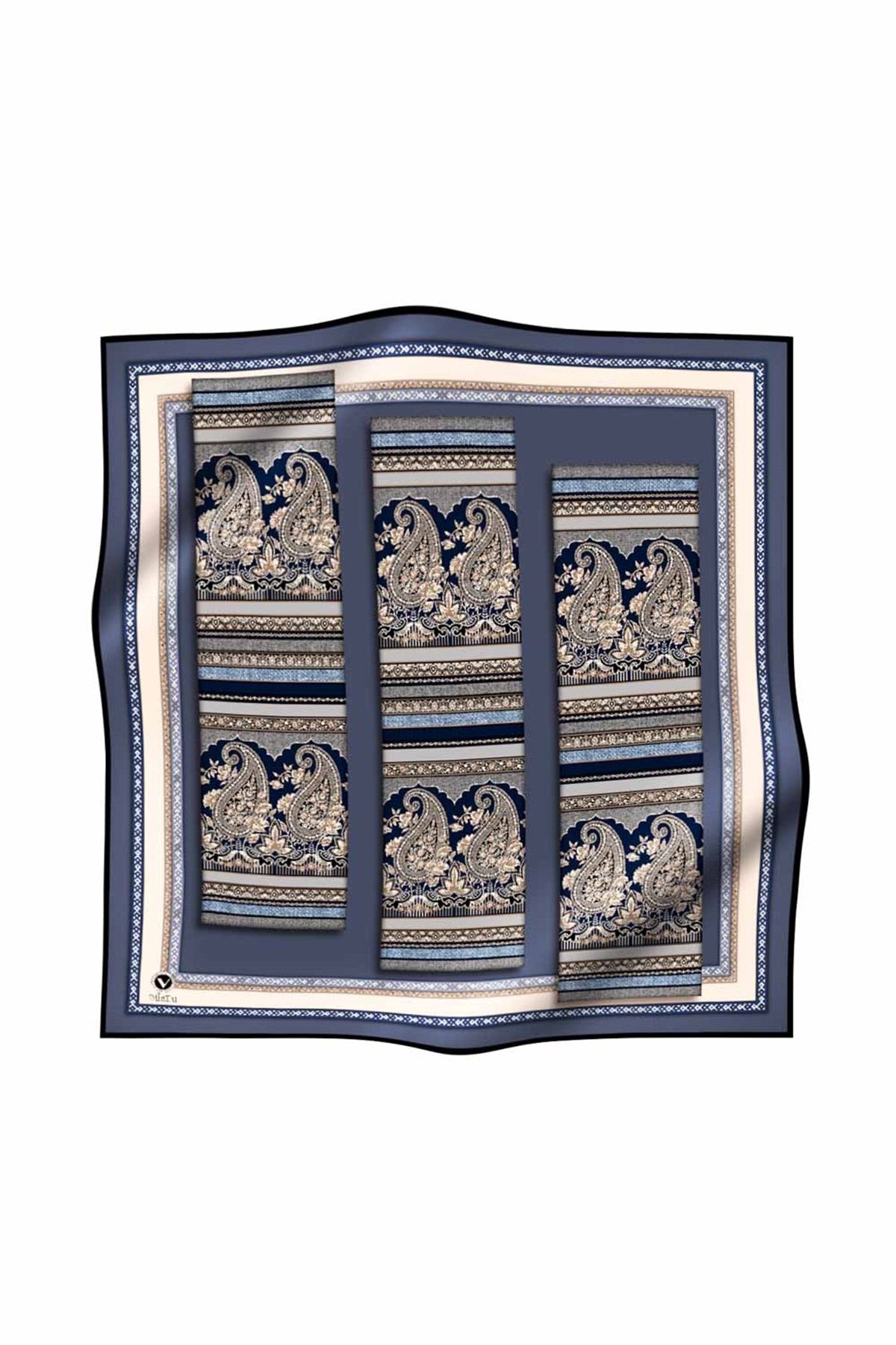 Twill Şal Desenli İndigo - Gri Renkli 90x90 Eşarp (İpek İçermez) Kenar Dikiş Şekli El Dikişli
