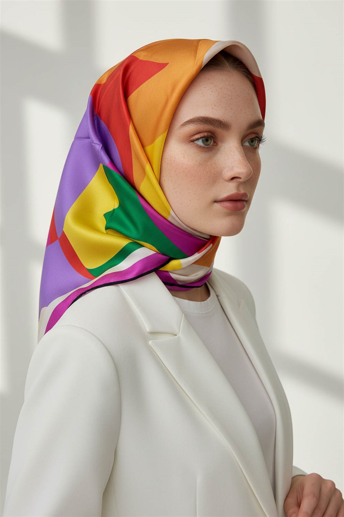 %100 Twill İpek Geometrik Desenli Fuşya Renkli 90x90 Eşarp Dikim Şekli : El Dikişi