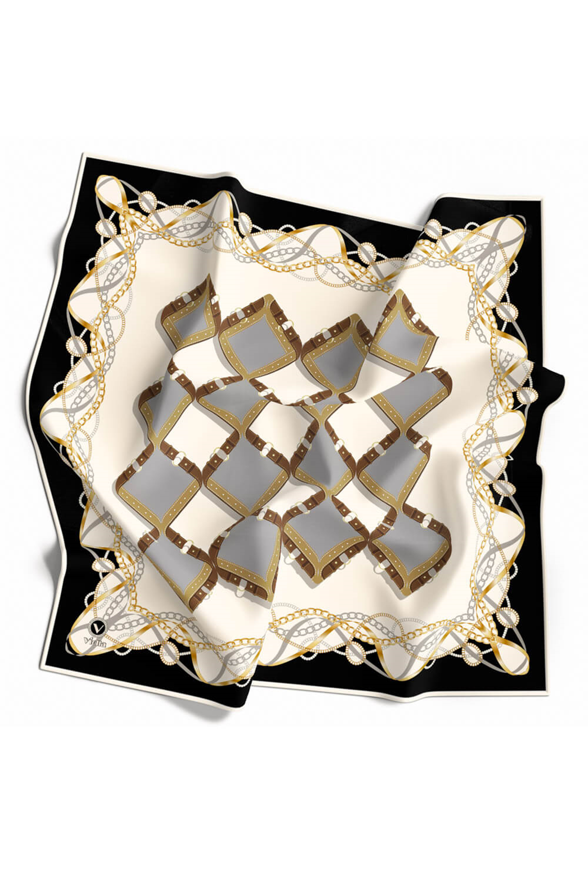 Twill Kemer Ve Zincir Desenli Gri Renkli 90x90 Eşarp (İpek İçermez) Kenar Dikiş Şekli El Dikişli