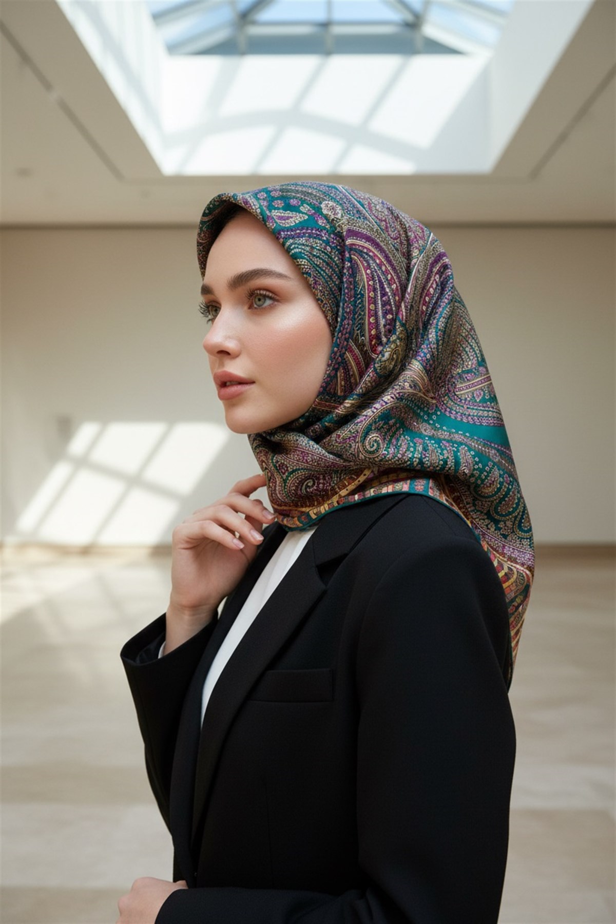 %100 Twill İpek Etro Desenli Petrol Mavisi Renkli 90x90 Eşarp Dikim Şekli : El Dikişi