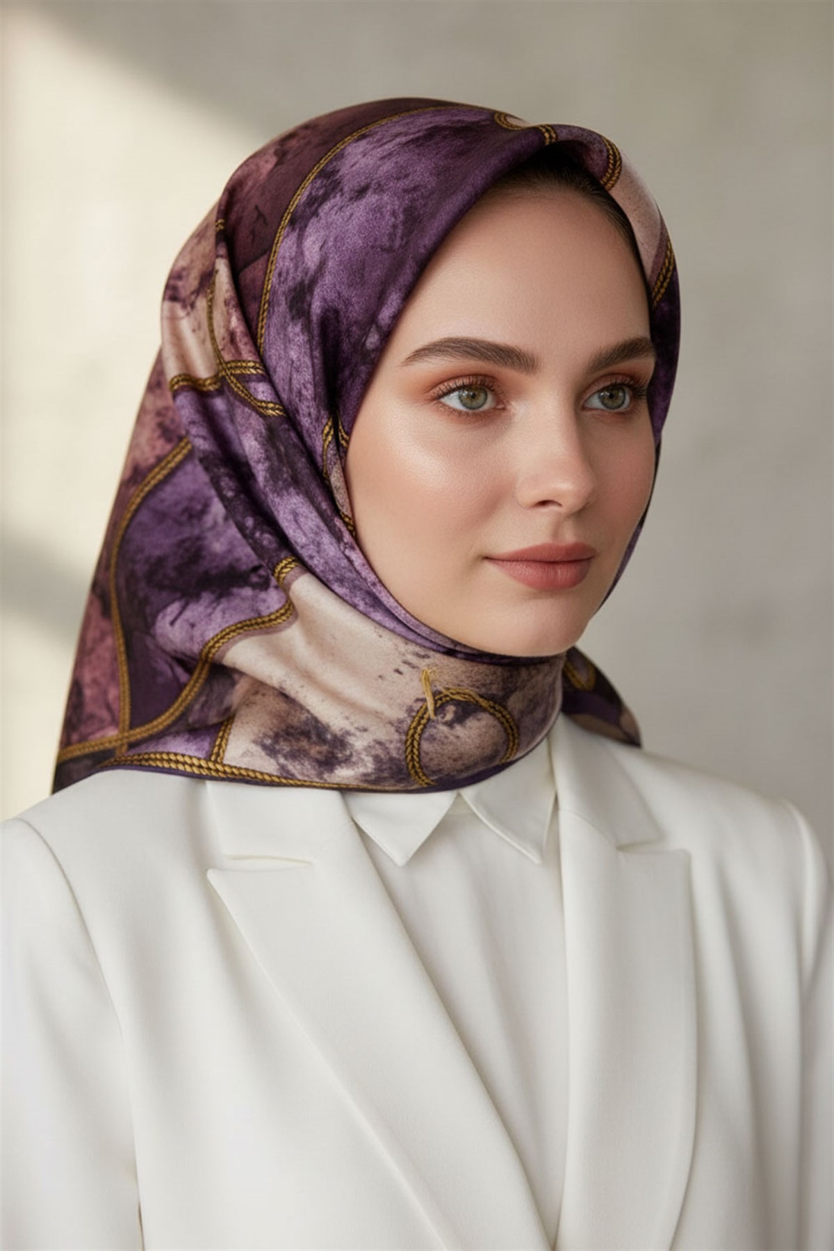 % 57 İPEK % 43 VİSKON Twill İpek Zincirli Mermer Desenli Mor - Pudra Renkli 90x90 Eşarp Dikim Şekli : El Dikişi