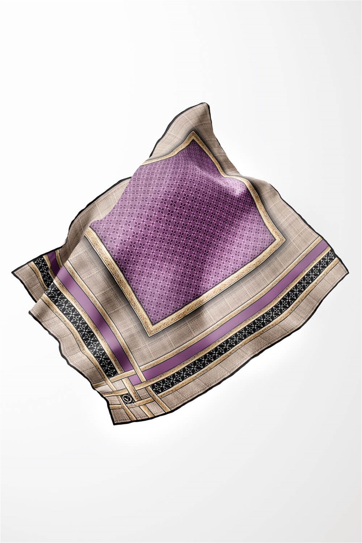 Twill Gold Bordürlü Geometrik Desenli Lila Renkli 90x90 Eşarp (İpek İçermez) Kenar Dikiş Şekli El Dikişli