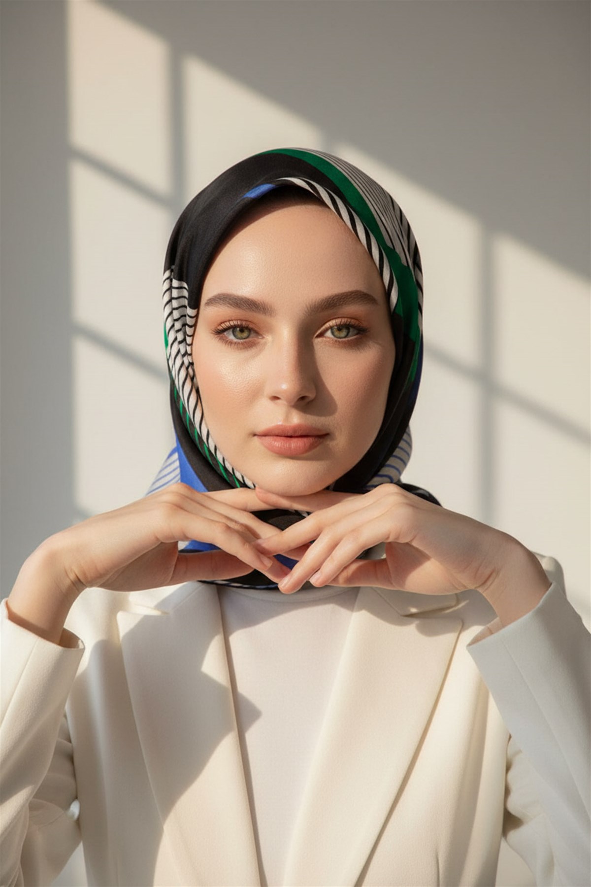 %100 Twill İpek Çizgili Geometrik Desenli Siyah - Saks Renkli 90x90 Eşarp Dikim Şekli : El Dikişi