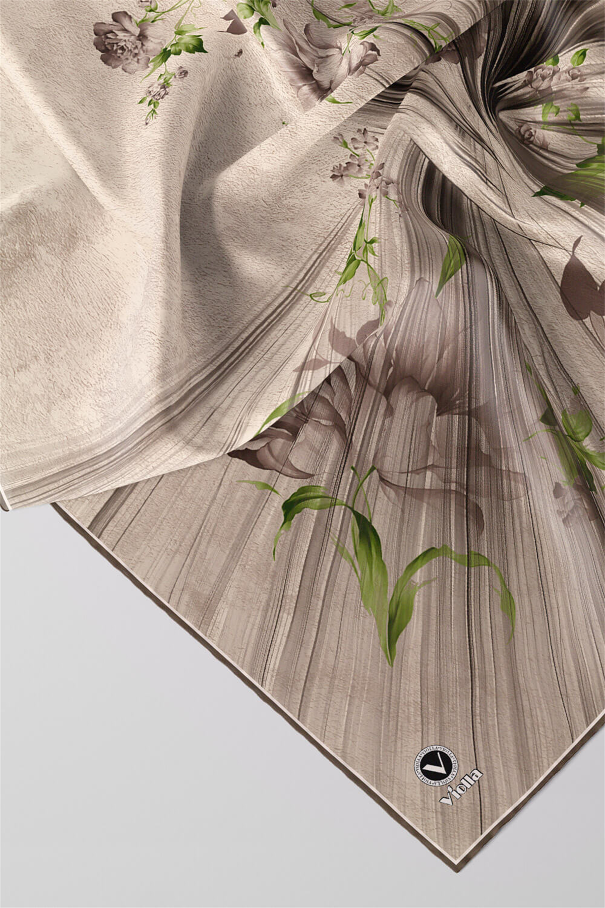 Twill Çiçekli Desenli Taş Renkli 90x90 Eşarp (İpek İçermez) Kenar Dikiş Şekli El Dikişli
