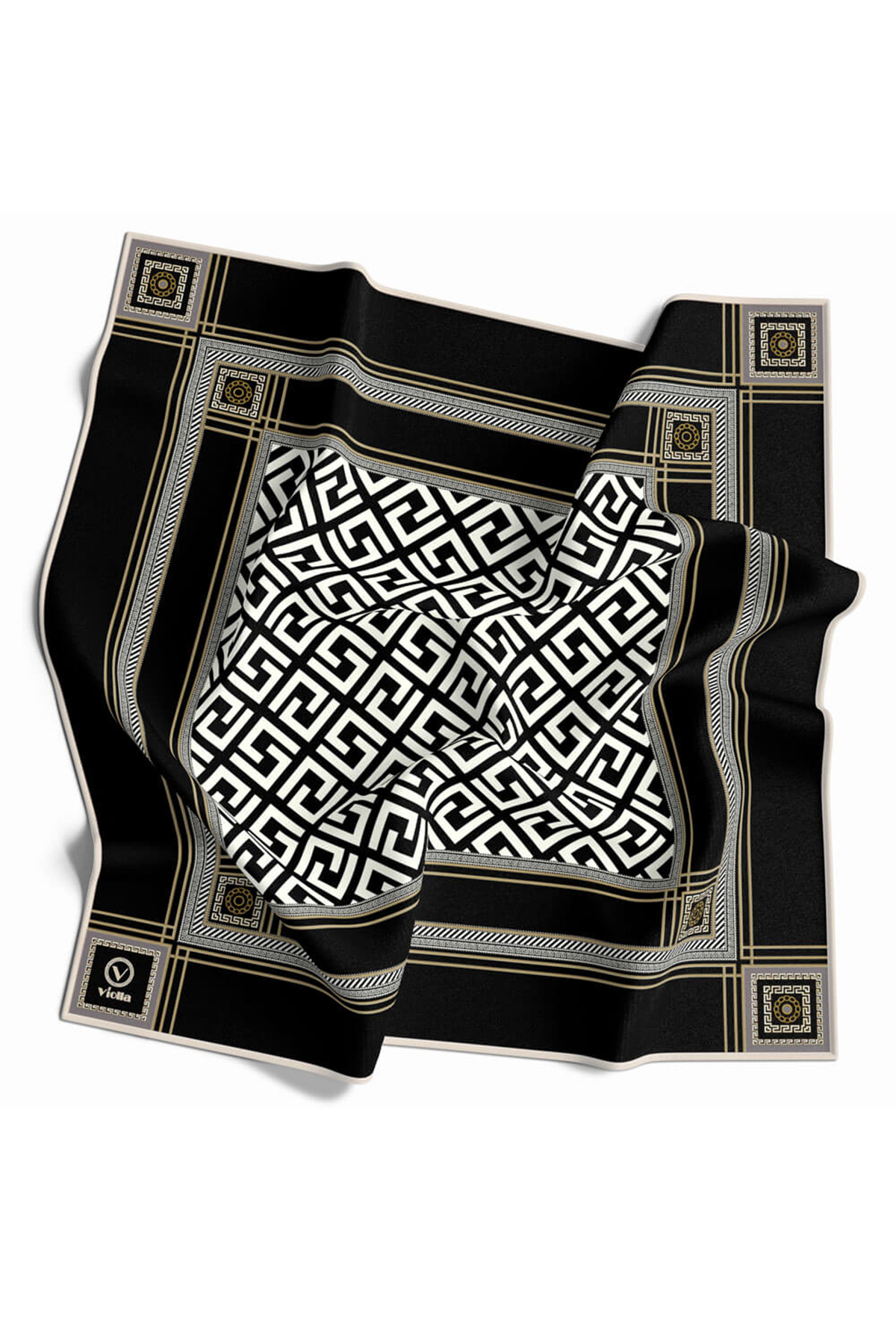 Twill Antik Desenli Siyah Renkli 90x90 Eşarp (İpek İçermez) Kenar Dikiş Şekli El Dikişli